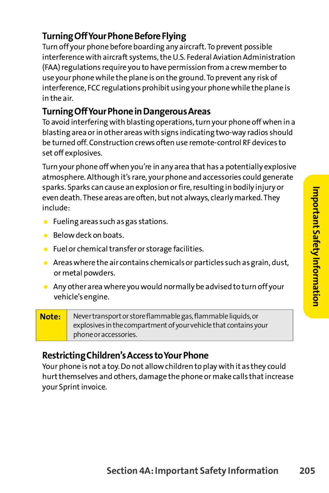 Sprint Nextel Telephone manual TurningOffYourPhoneBeforeFlying, TurningOffYourPhoneinDangerousAreas, 205 