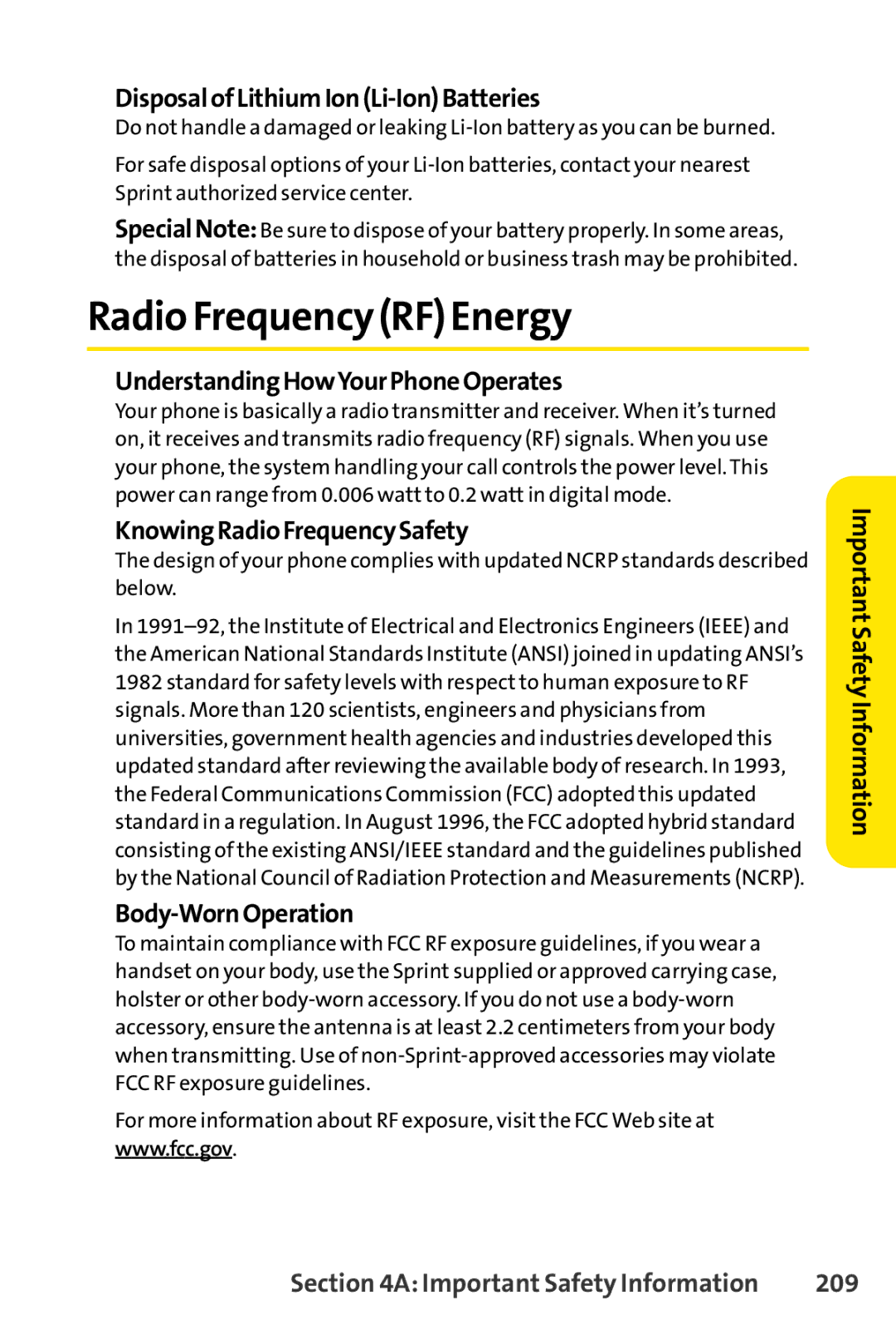 Sprint Nextel Telephone manual Radio Frequency RF Energy, 209 