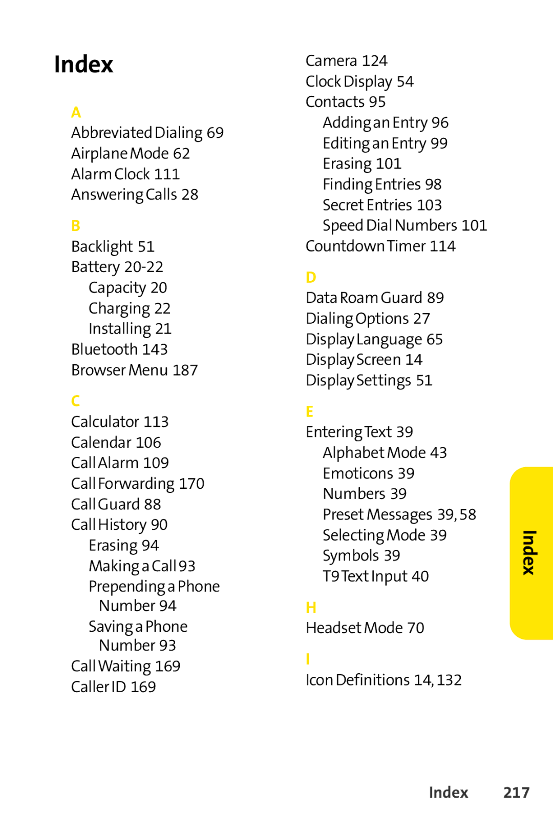 Sprint Nextel Telephone manual Index 