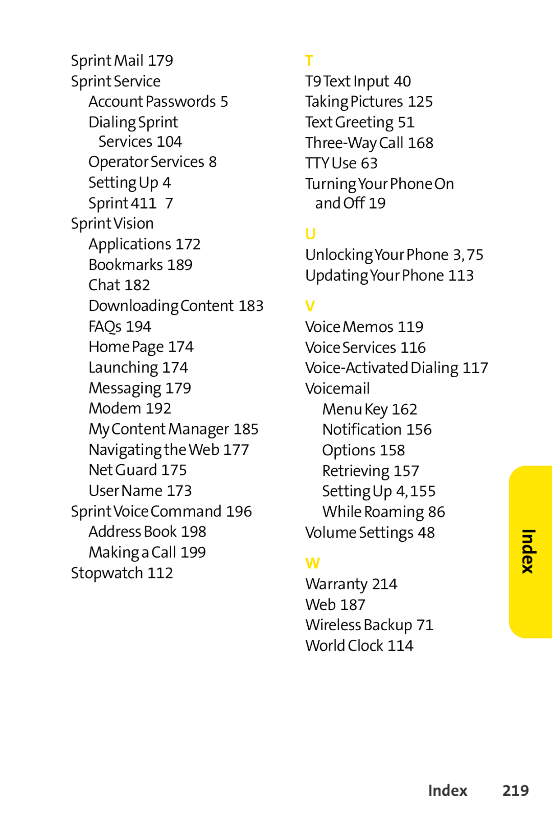 Sprint Nextel Telephone manual Index 