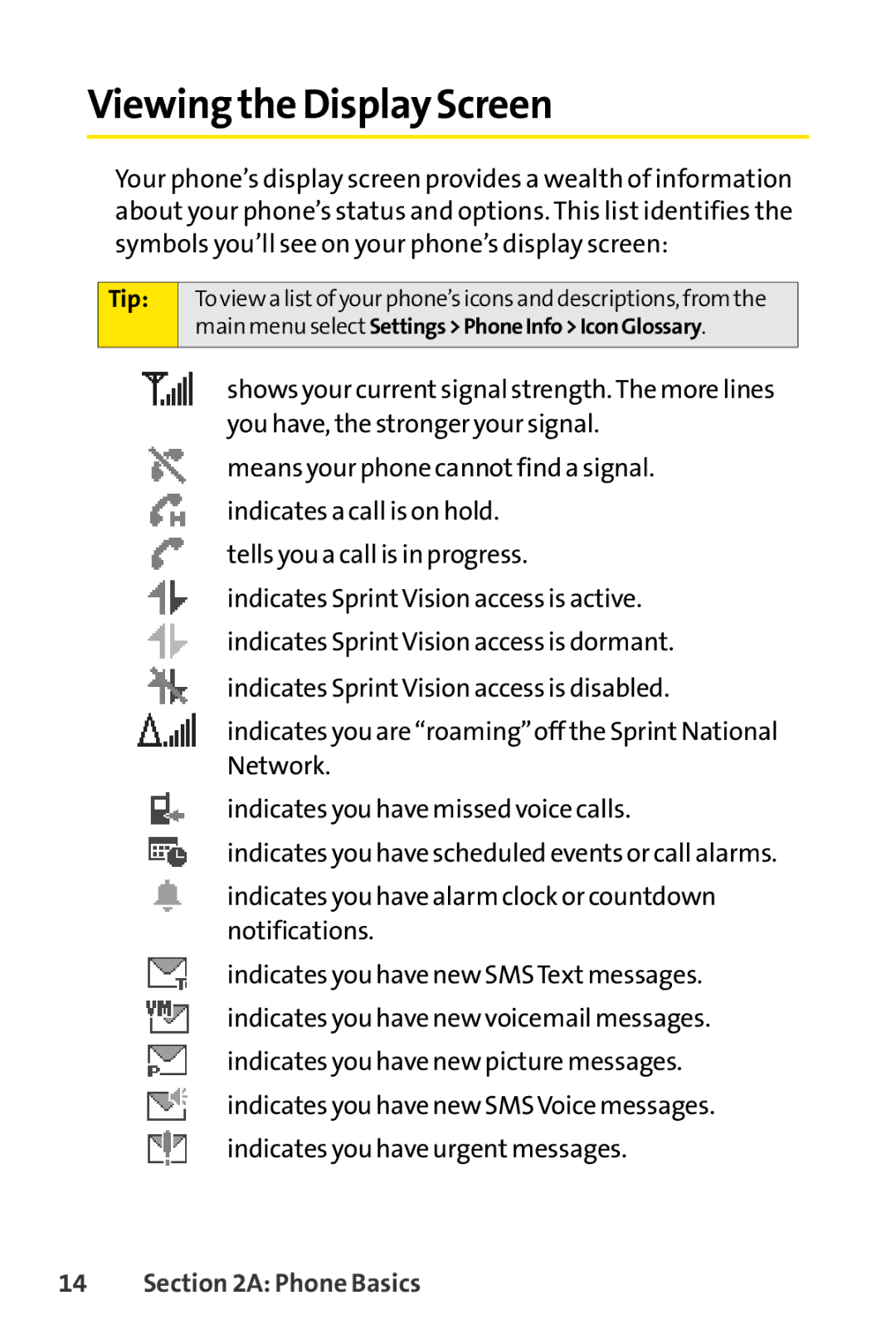 Sprint Nextel Telephone manual Viewing the Display Screen, Tip 