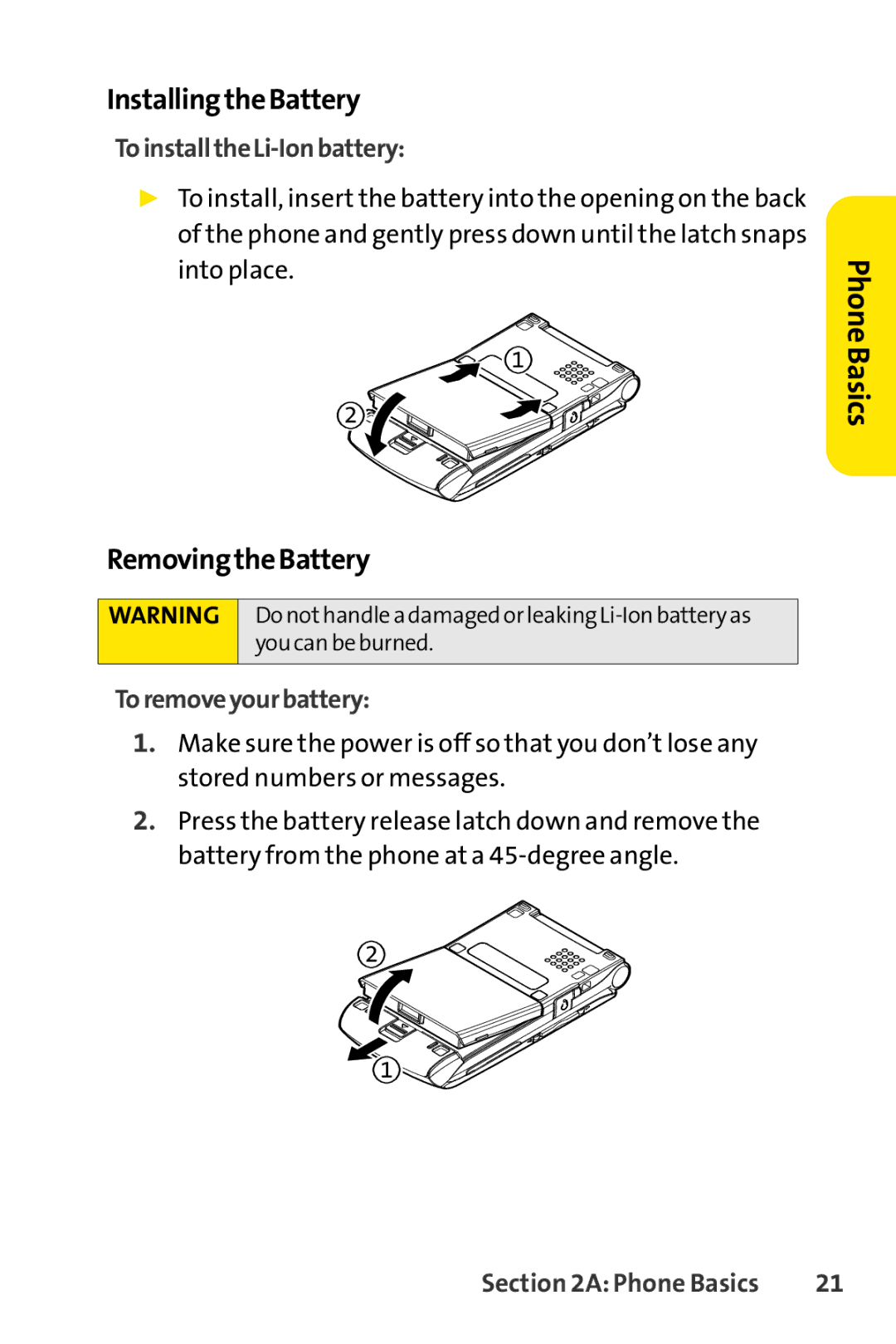 Sprint Nextel Telephone manual InstallingtheBattery, RemovingtheBattery, ToinstalltheLi-Ionbattery, Toremoveyourbattery 