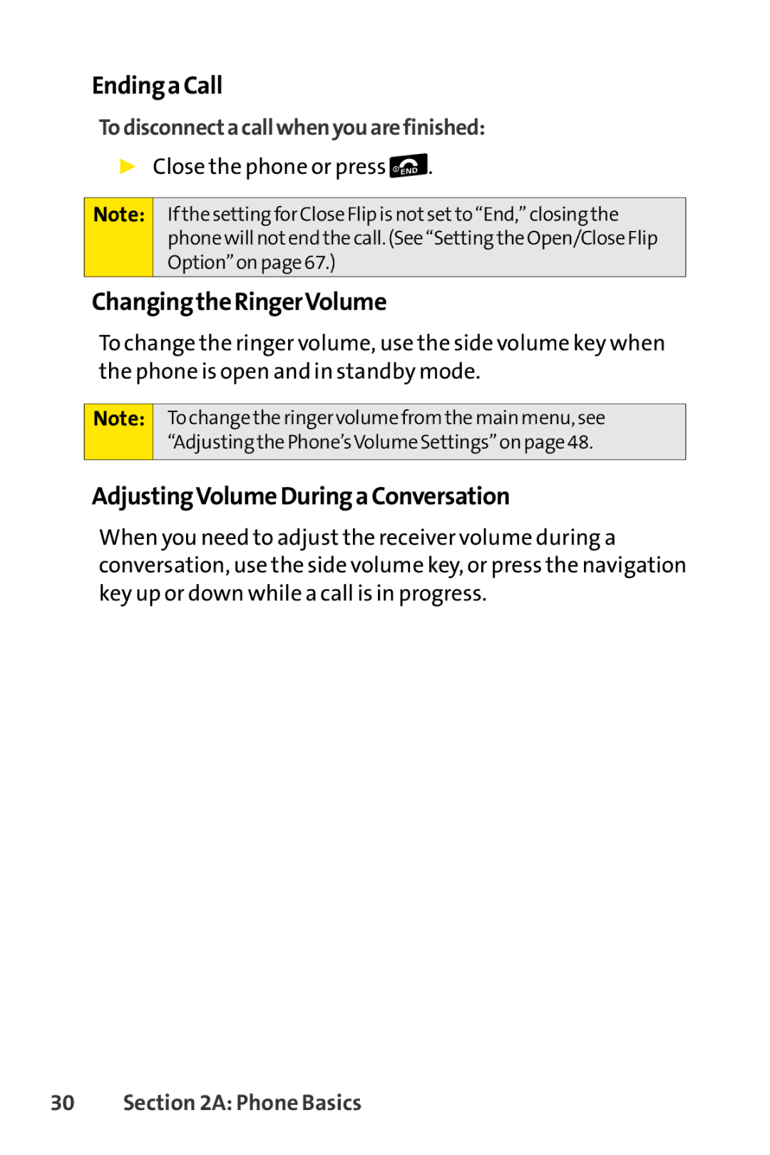 Sprint Nextel Telephone manual EndingaCall, ChangingtheRingerVolume, AdjustingVolumeDuringaConversation 