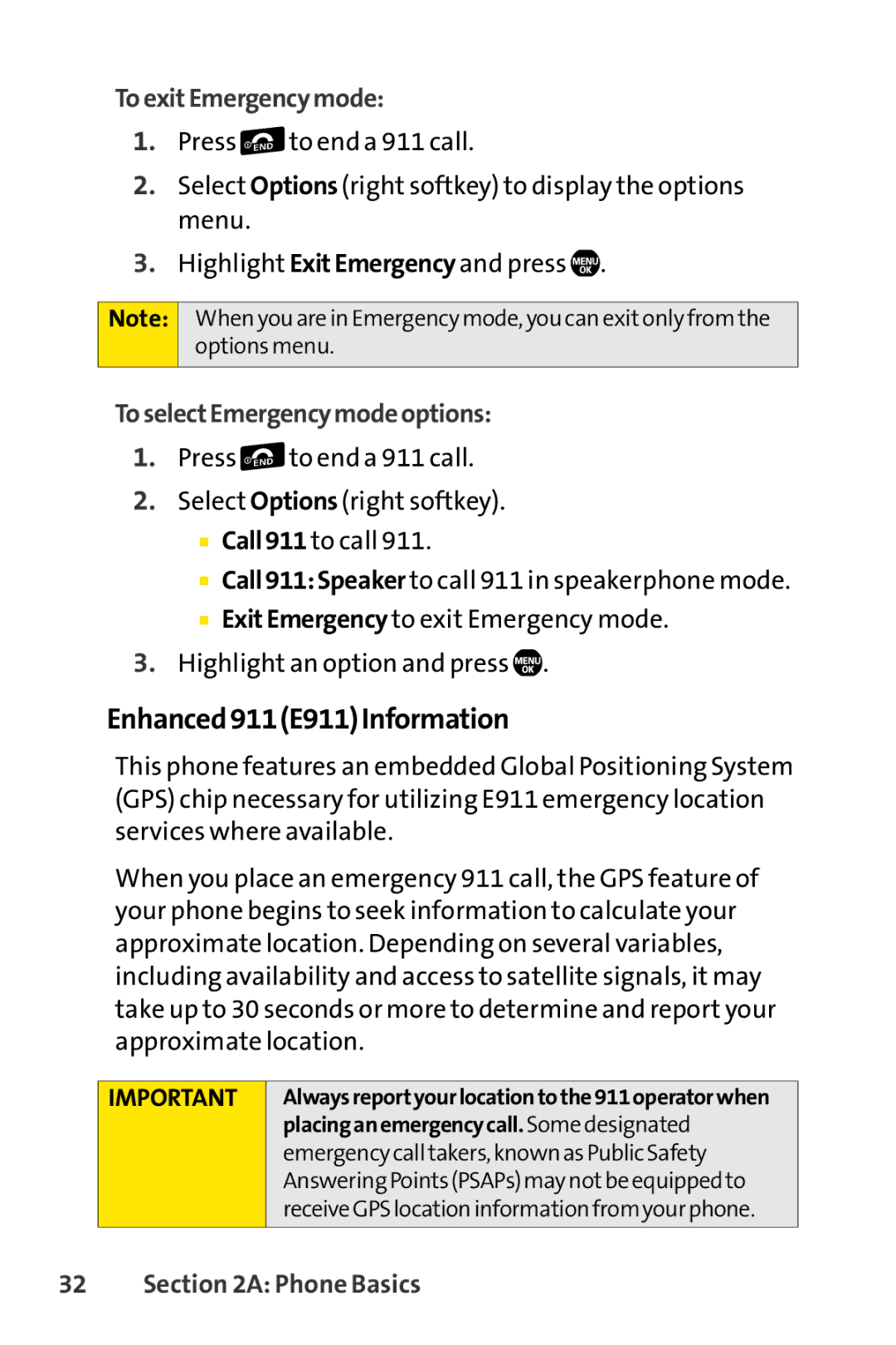 Sprint Nextel Telephone manual Enhanced911E911Information, ToexitEmergencymode, ToselectEmergencymodeoptions 