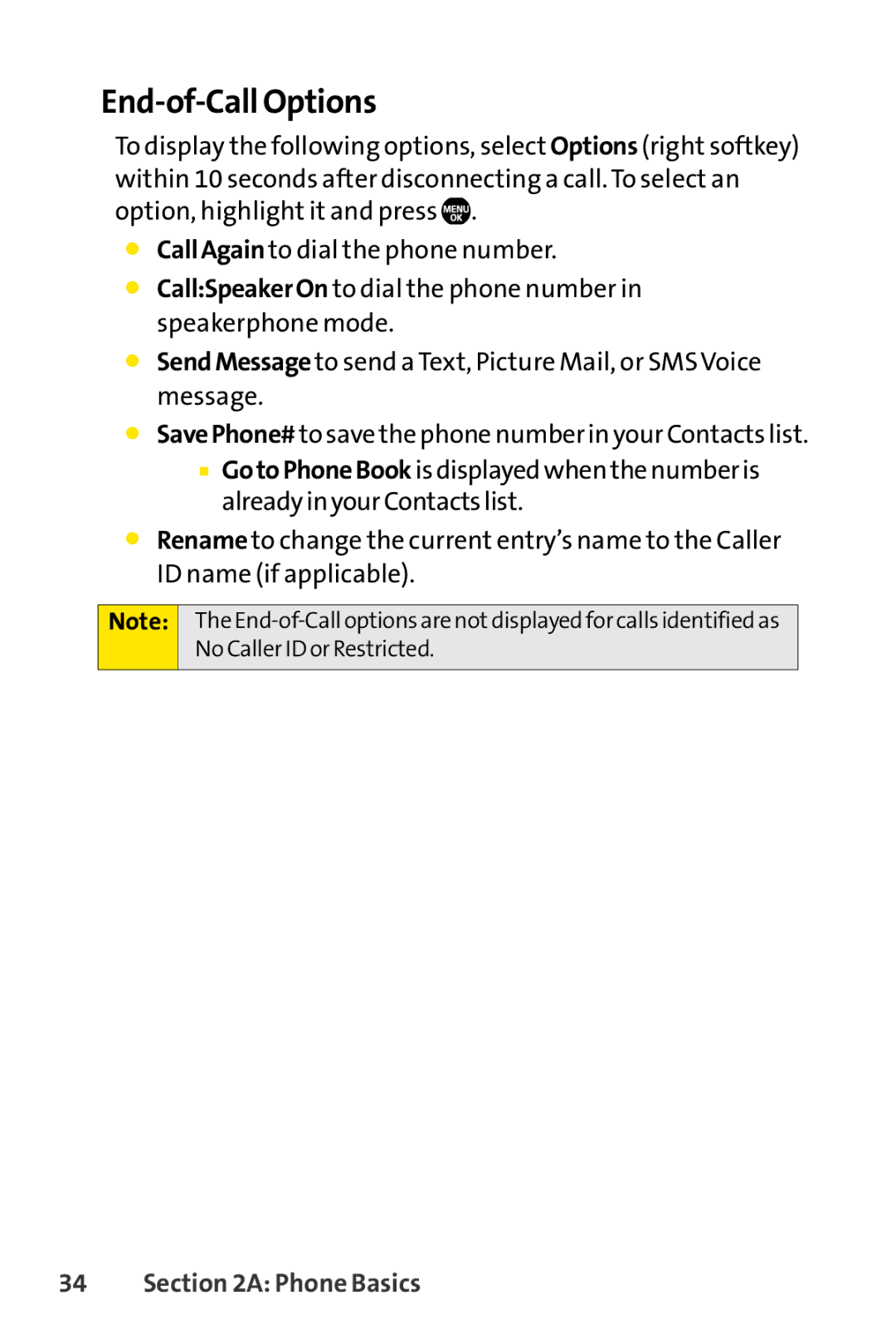 Sprint Nextel Telephone manual End-of-Call Options 