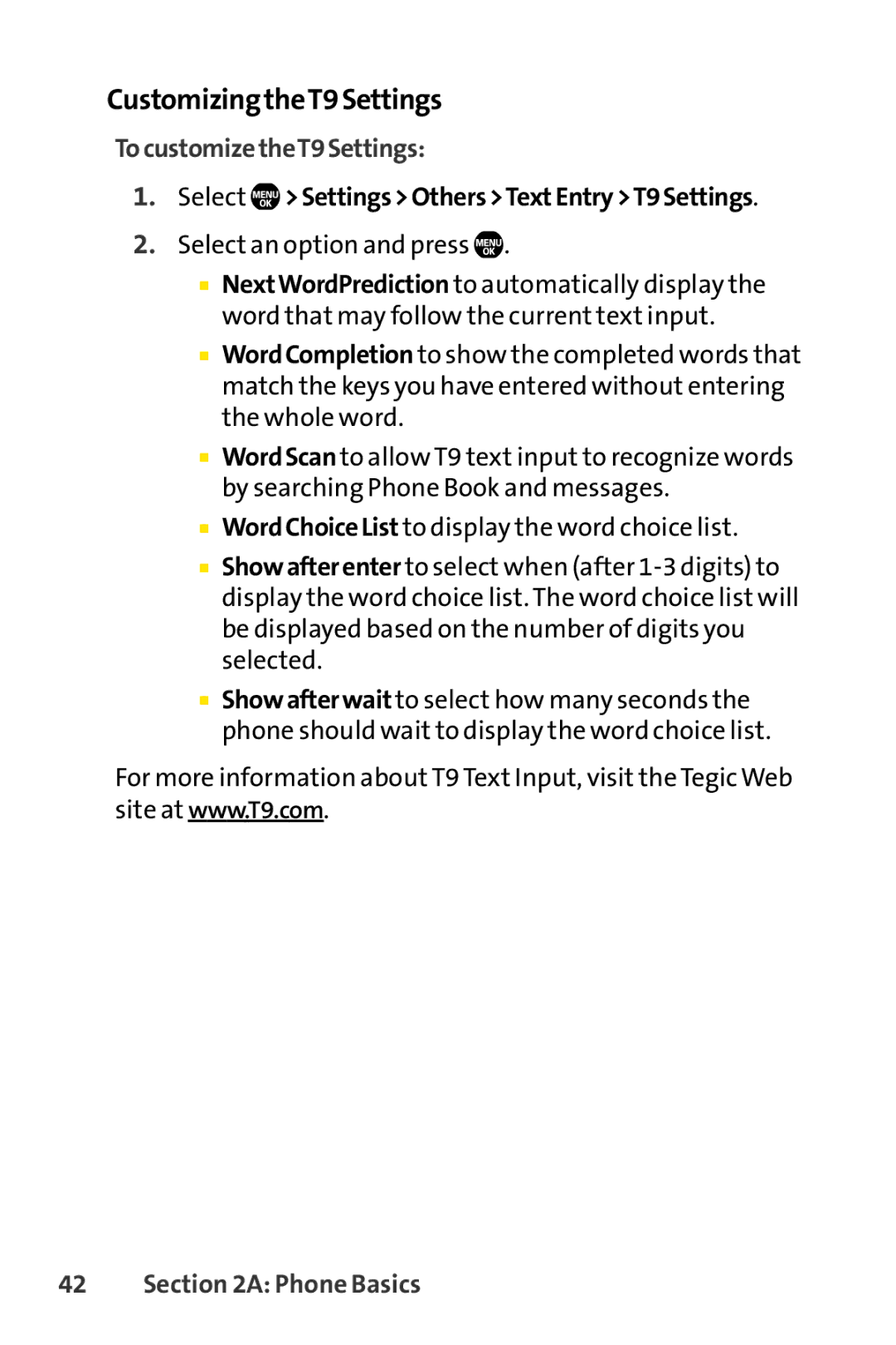 Sprint Nextel Telephone manual CustomizingtheT9Settings, TocustomizetheT9Settings, Select SettingsOthersTextEntryT9Settings 