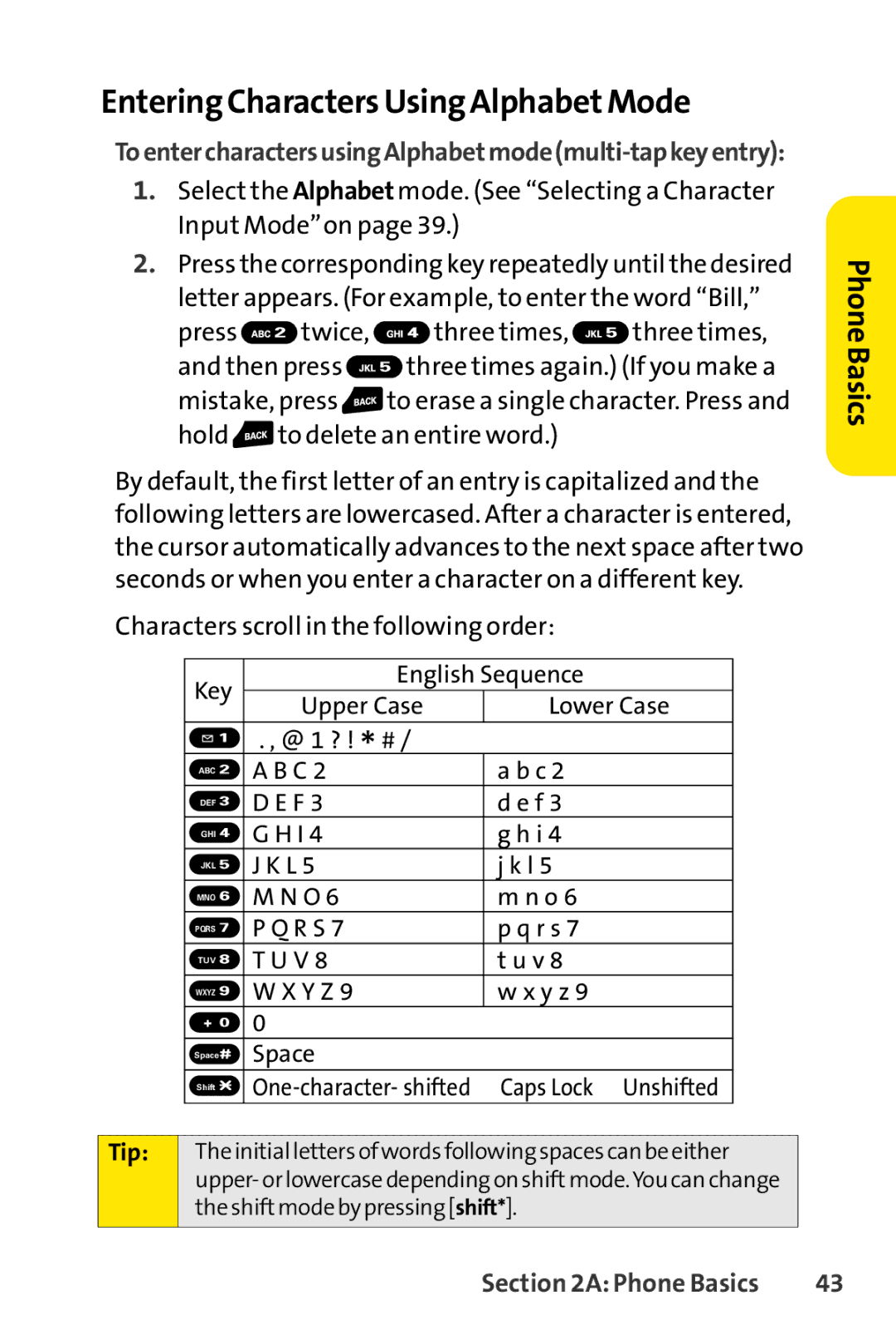 Sprint Nextel Telephone manual Entering Characters Using AlphabetMode, Tip 