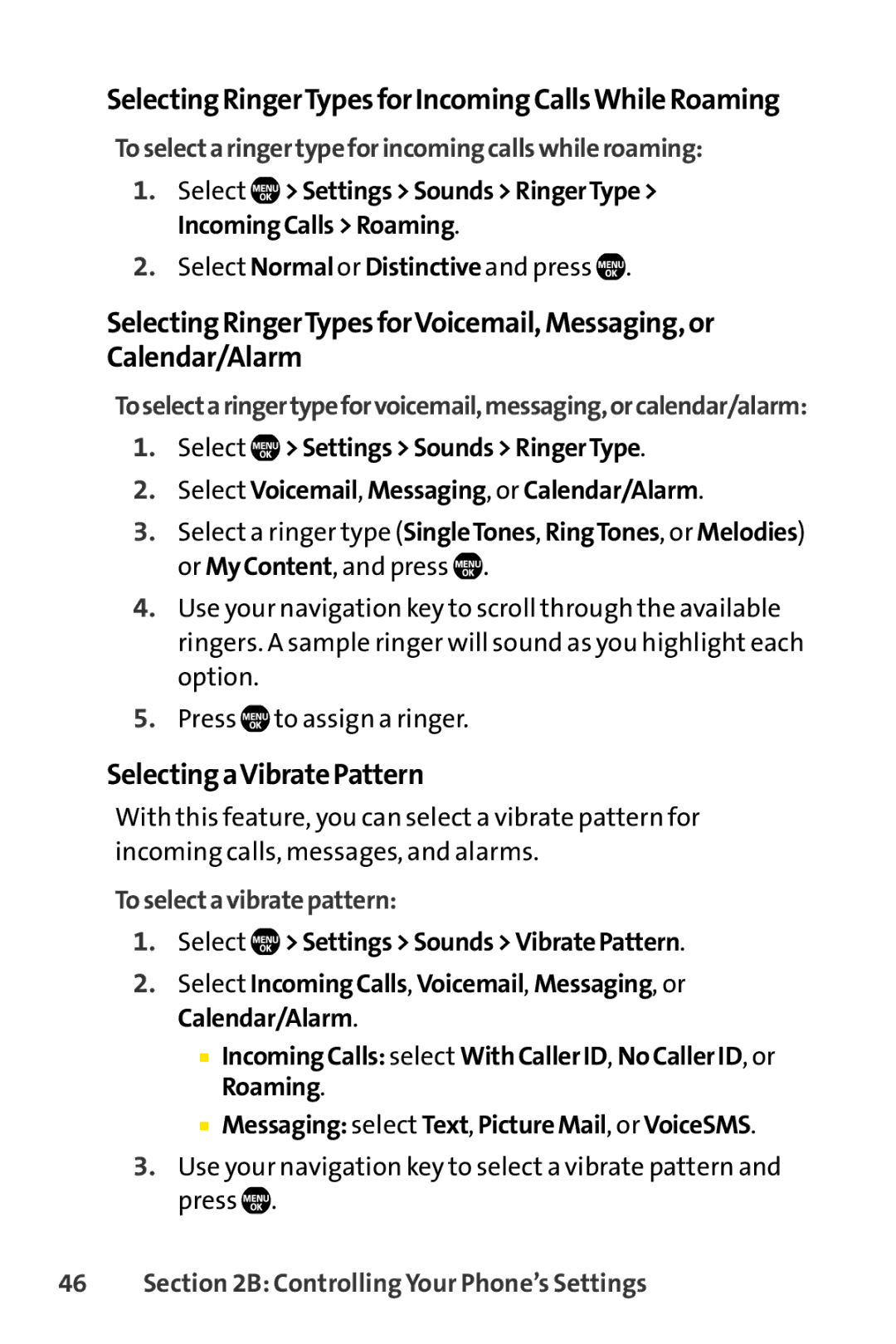 Sprint Nextel Telephone SelectingaVibratePattern, Toselectaringertypeforincomingcallswhileroaming, Toselectavibratepattern 