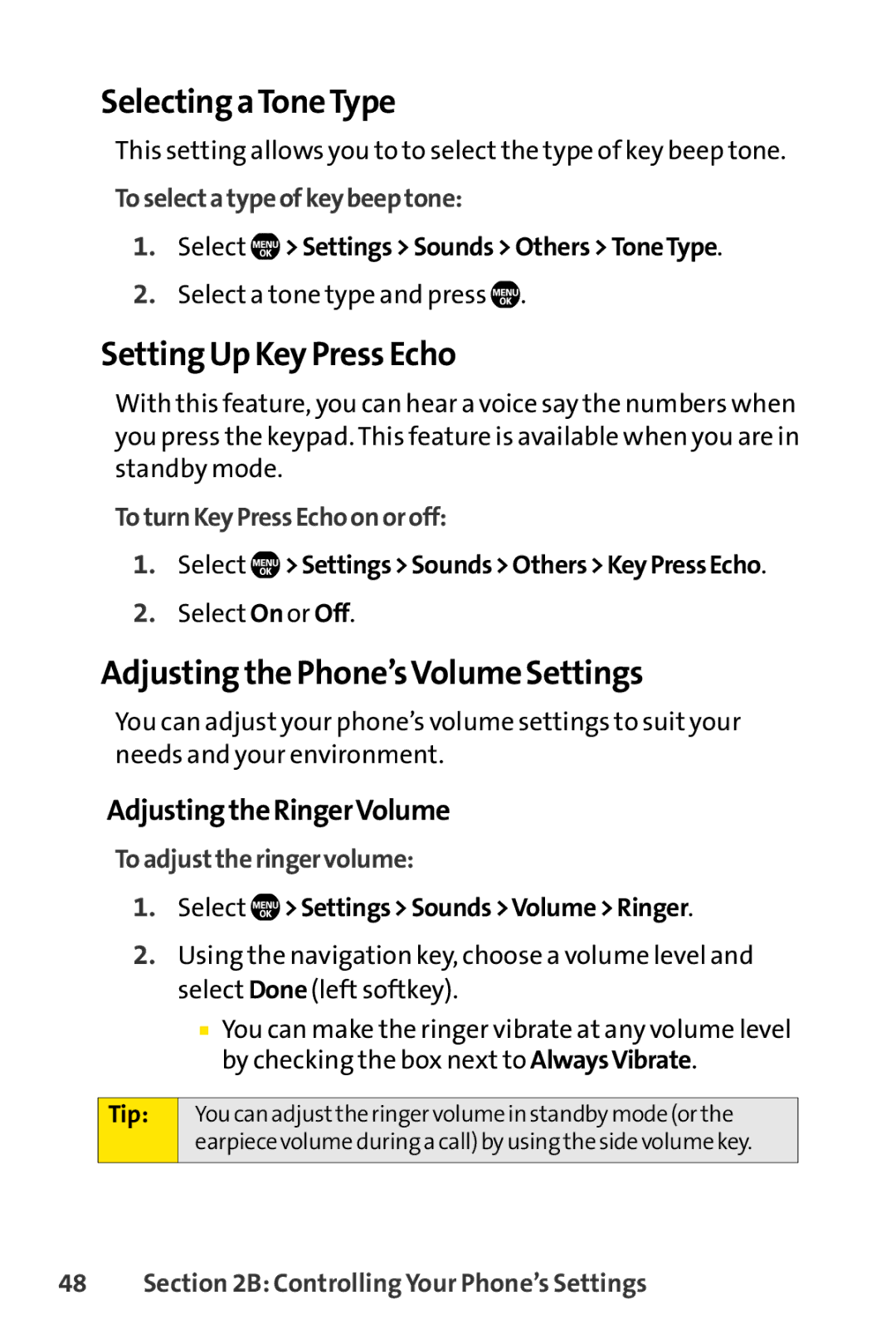 Sprint Nextel Telephone manual Selecting aToneType, Setting Up Key Press Echo, Adjusting the Phone’sVolume Settings 