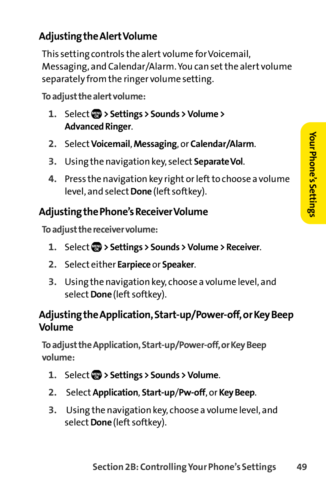 Sprint Nextel Telephone manual AdjustingtheAlertVolume, AdjustingthePhone’sReceiverVolume, Toadjustthealertvolume 