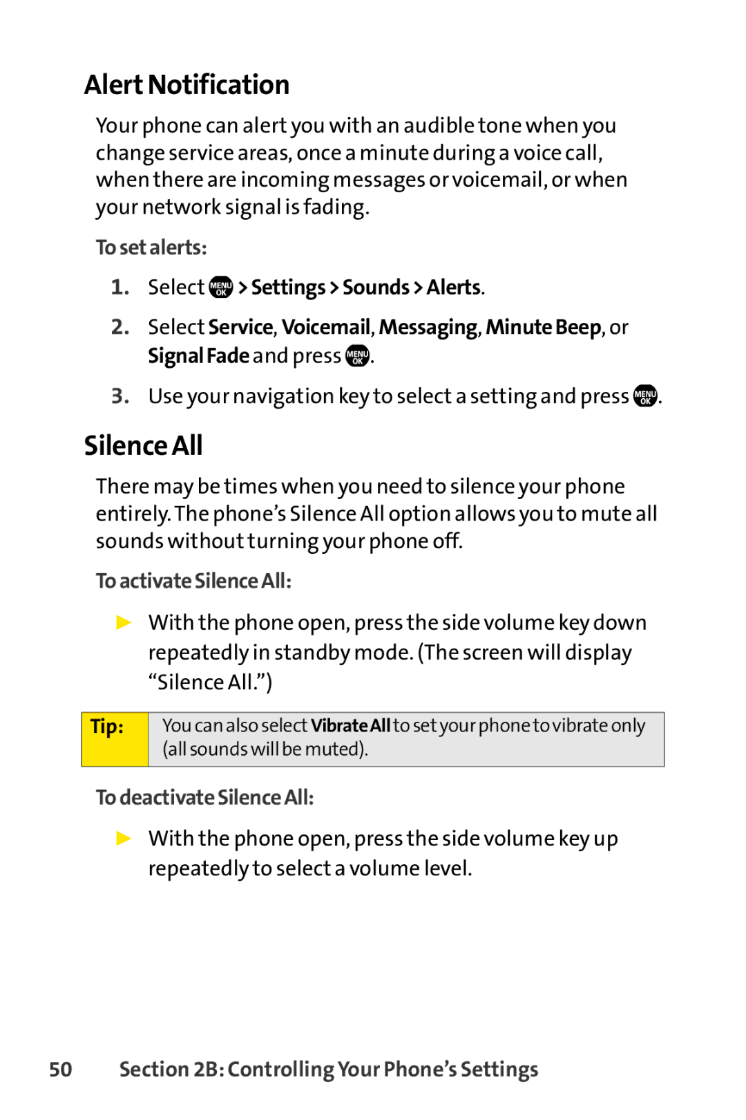 Sprint Nextel Telephone manual Alert Notification, Silence All, Tosetalerts, ToactivateSilenceAll, TodeactivateSilenceAll 