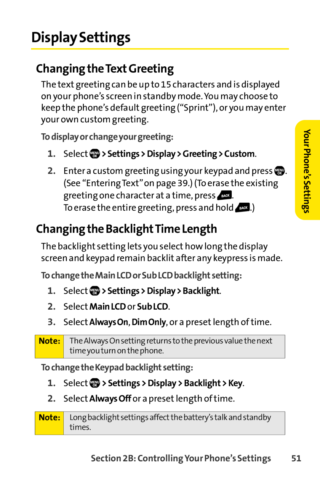 Sprint Nextel Telephone manual Display Settings, Changing theTextGreeting, Changing the BacklightTime Length 