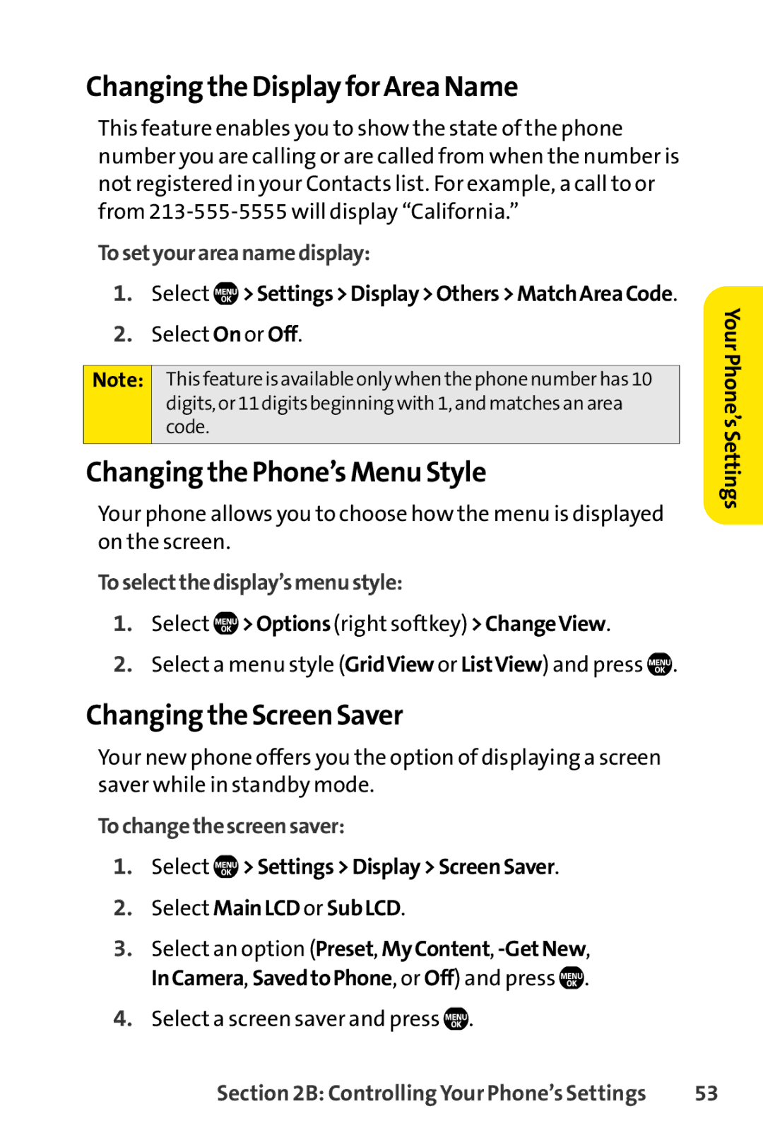 Sprint Nextel Telephone Changing the Display for Area Name, Changing the Phone’s Menu Style, Changing the Screen Saver 