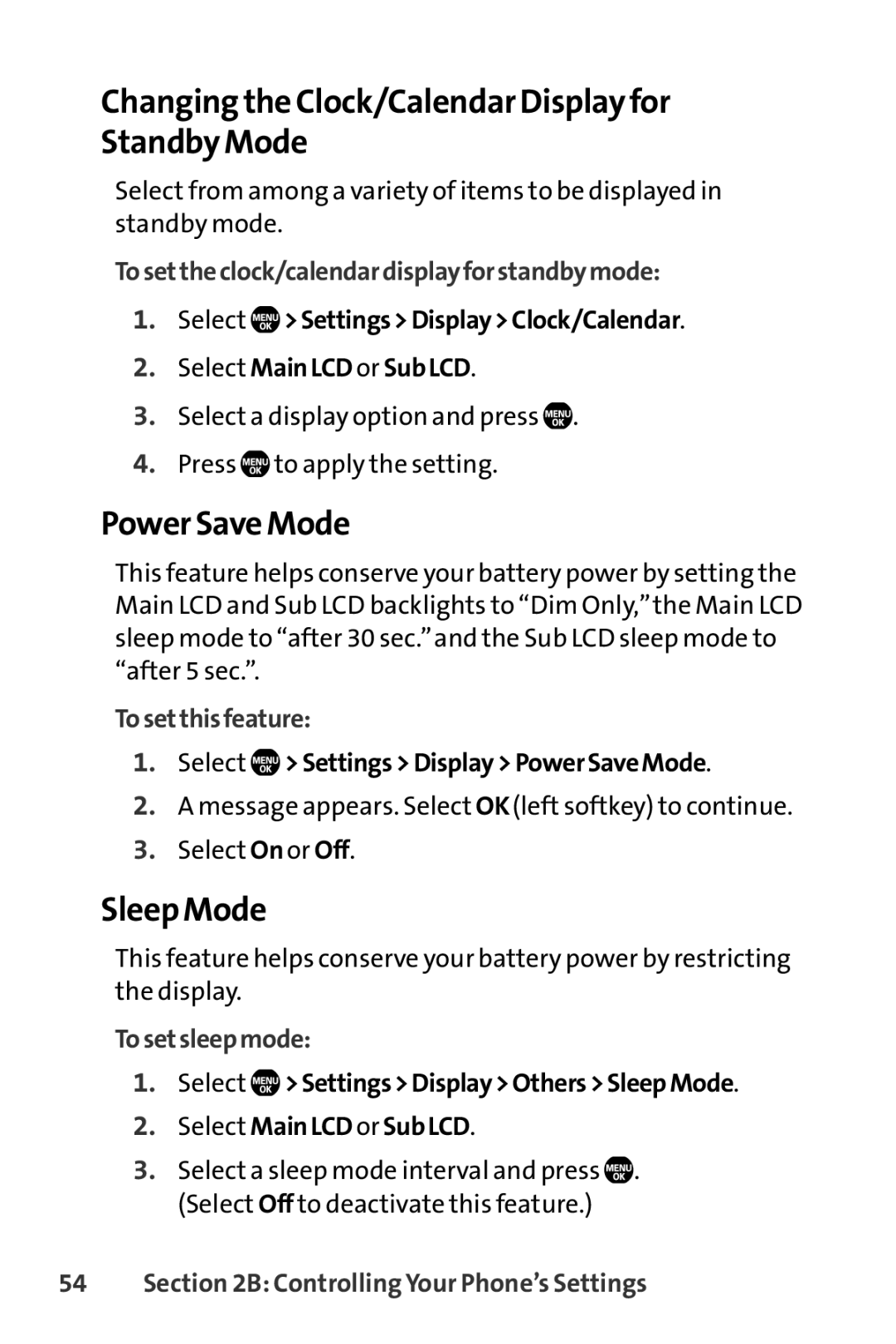 Sprint Nextel Telephone manual Changing the Clock/Calendar Display for Standby Mode, Power Save Mode, Sleep Mode 