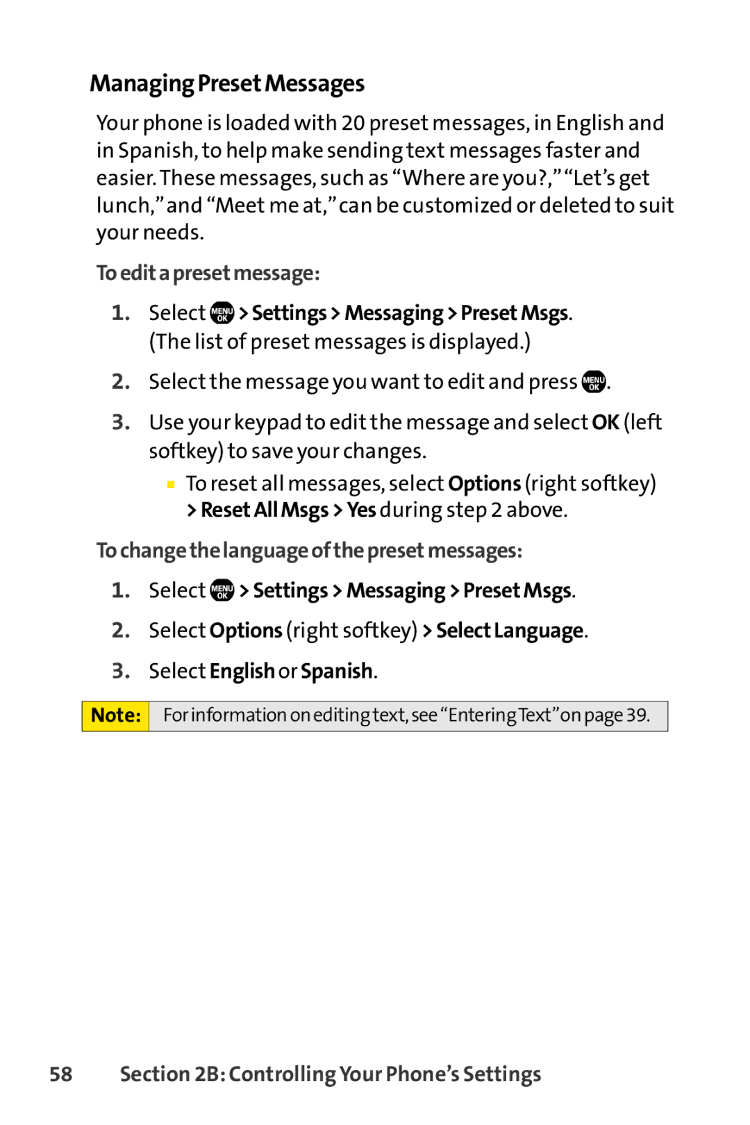 Sprint Nextel Telephone manual ManagingPresetMessages, Toeditapresetmessage, Tochangethelanguageofthepresetmessages 