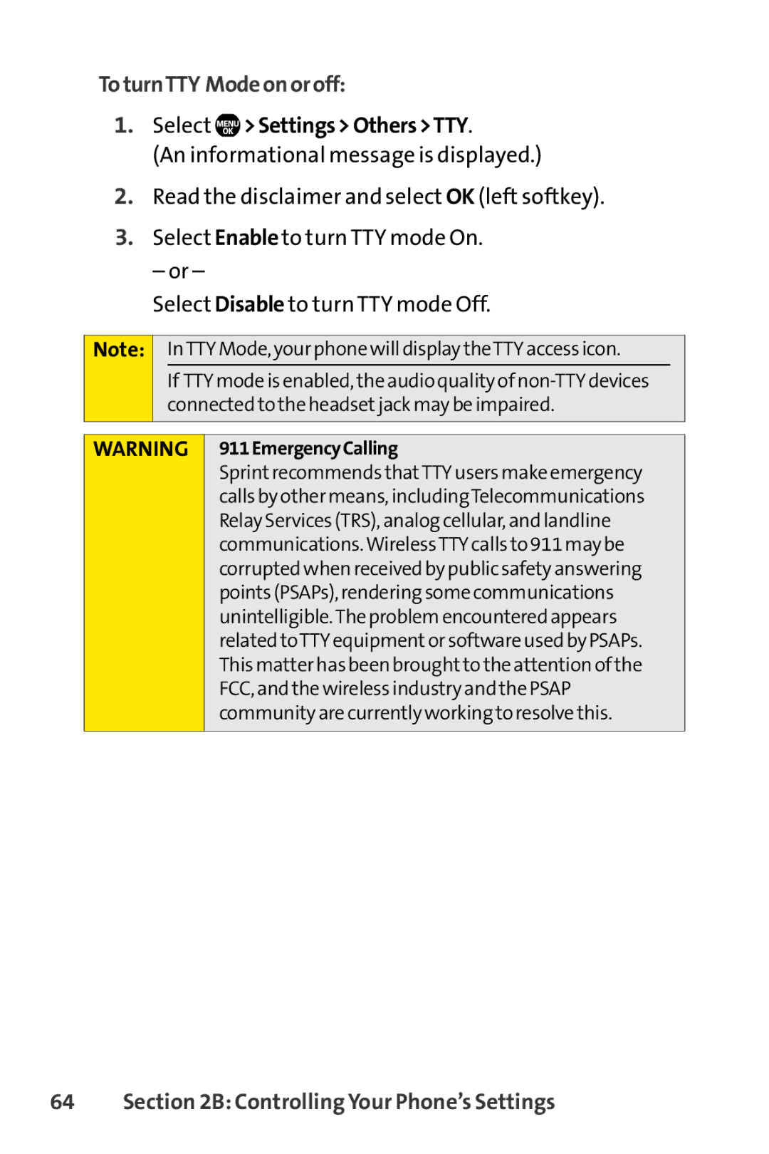 Sprint Nextel Telephone manual ToturnTTY Modeonoroff, Select SettingsOthersTTY 