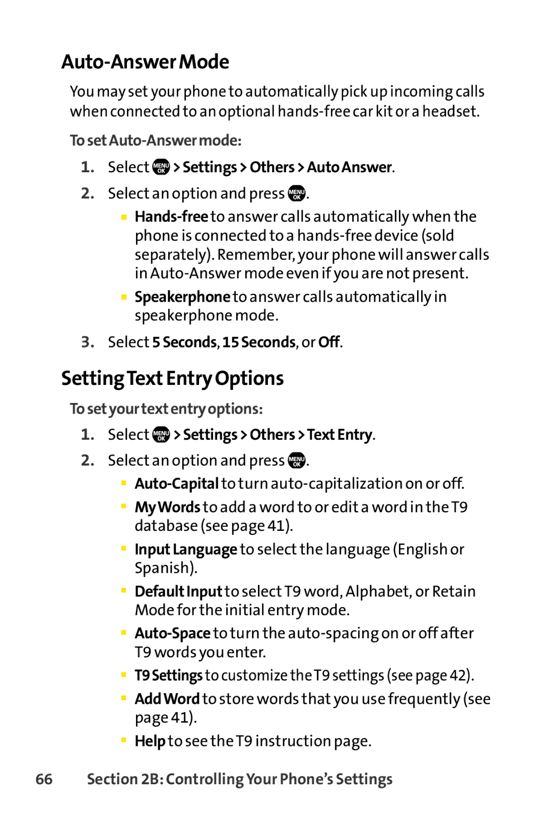 Sprint Nextel Telephone manual Auto-Answer Mode, SettingTextEntry Options, TosetAuto-Answermode, Tosetyourtextentryoptions 