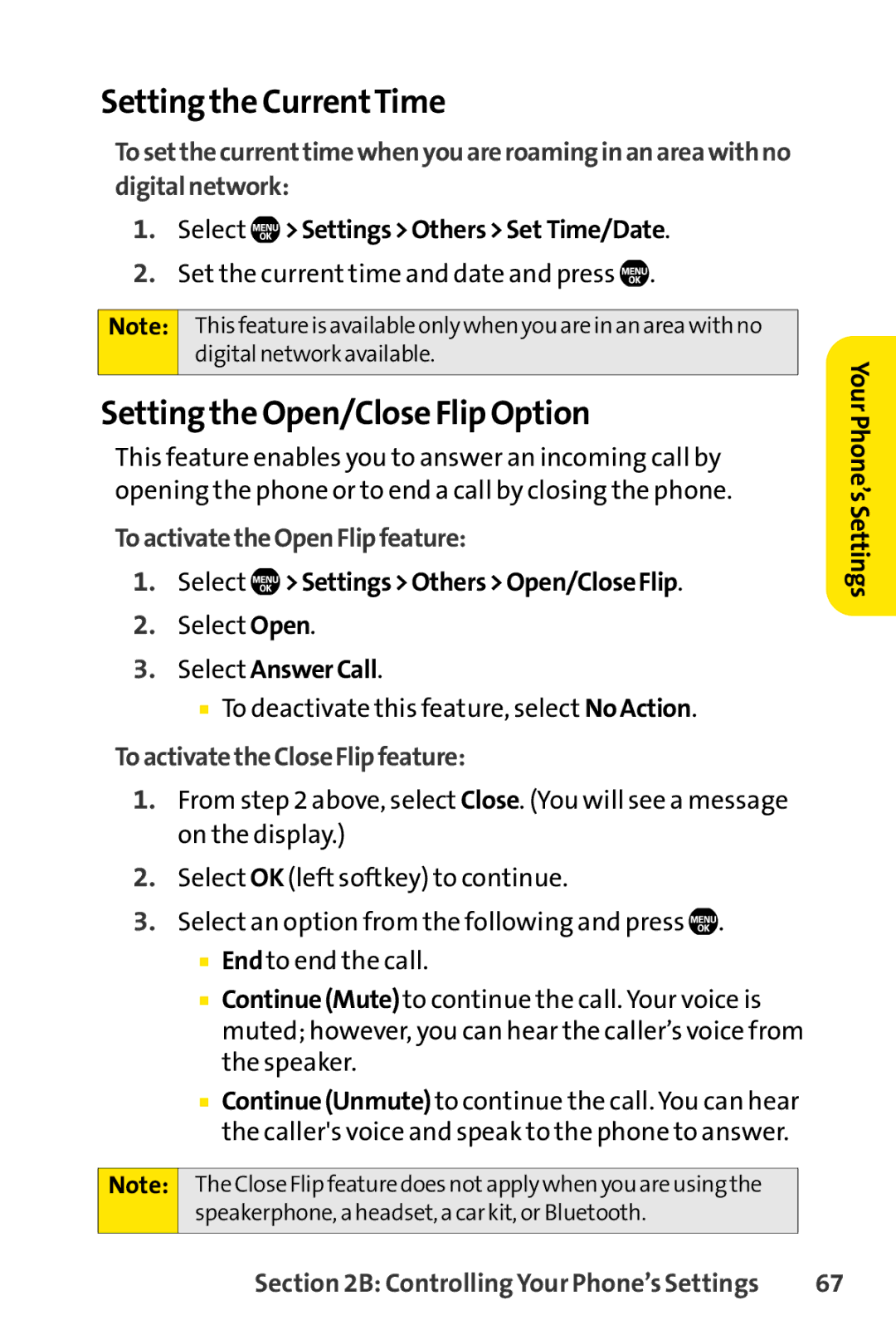 Sprint Nextel Telephone manual Setting the CurrentTime, Setting the Open/Close Flip Option, ToactivatetheOpenFlipfeature 