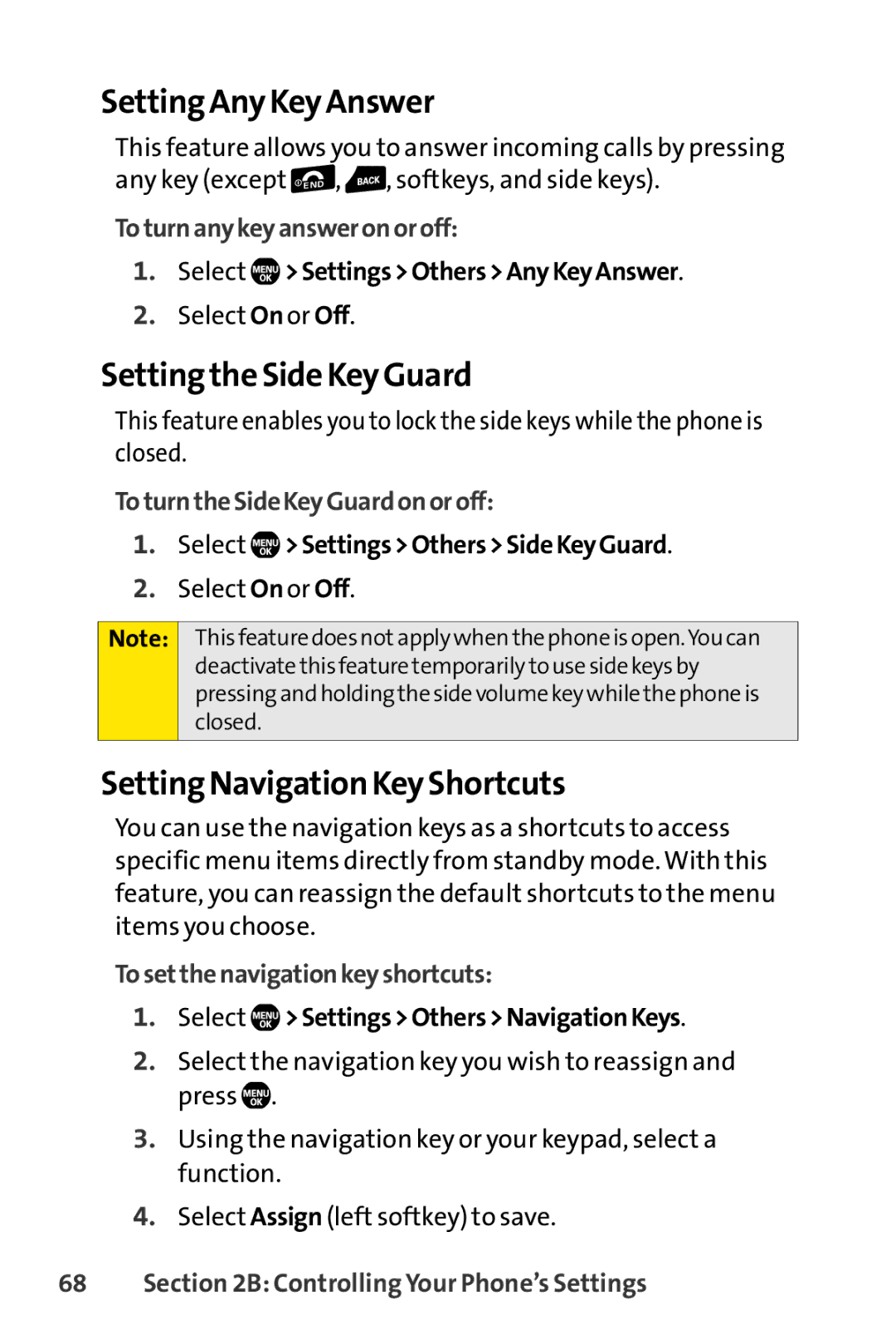 Sprint Nextel Telephone manual Setting Any Key Answer, Setting the Side Key Guard, Setting Navigation Key Shortcuts 