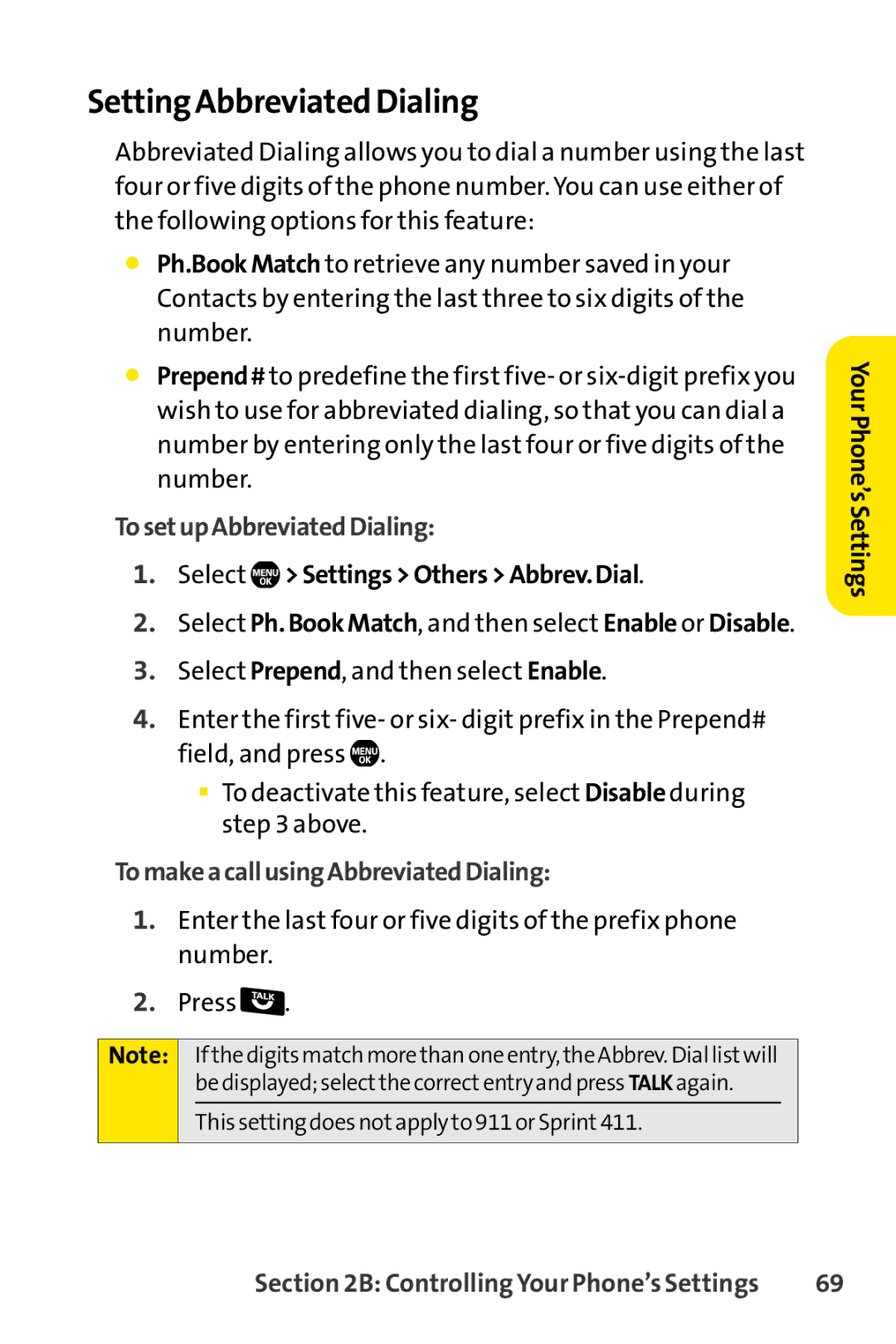 Sprint Nextel Telephone manual Setting Abbreviated Dialing, TosetupAbbreviatedDialing, Select SettingsOthersAbbrev.Dial 