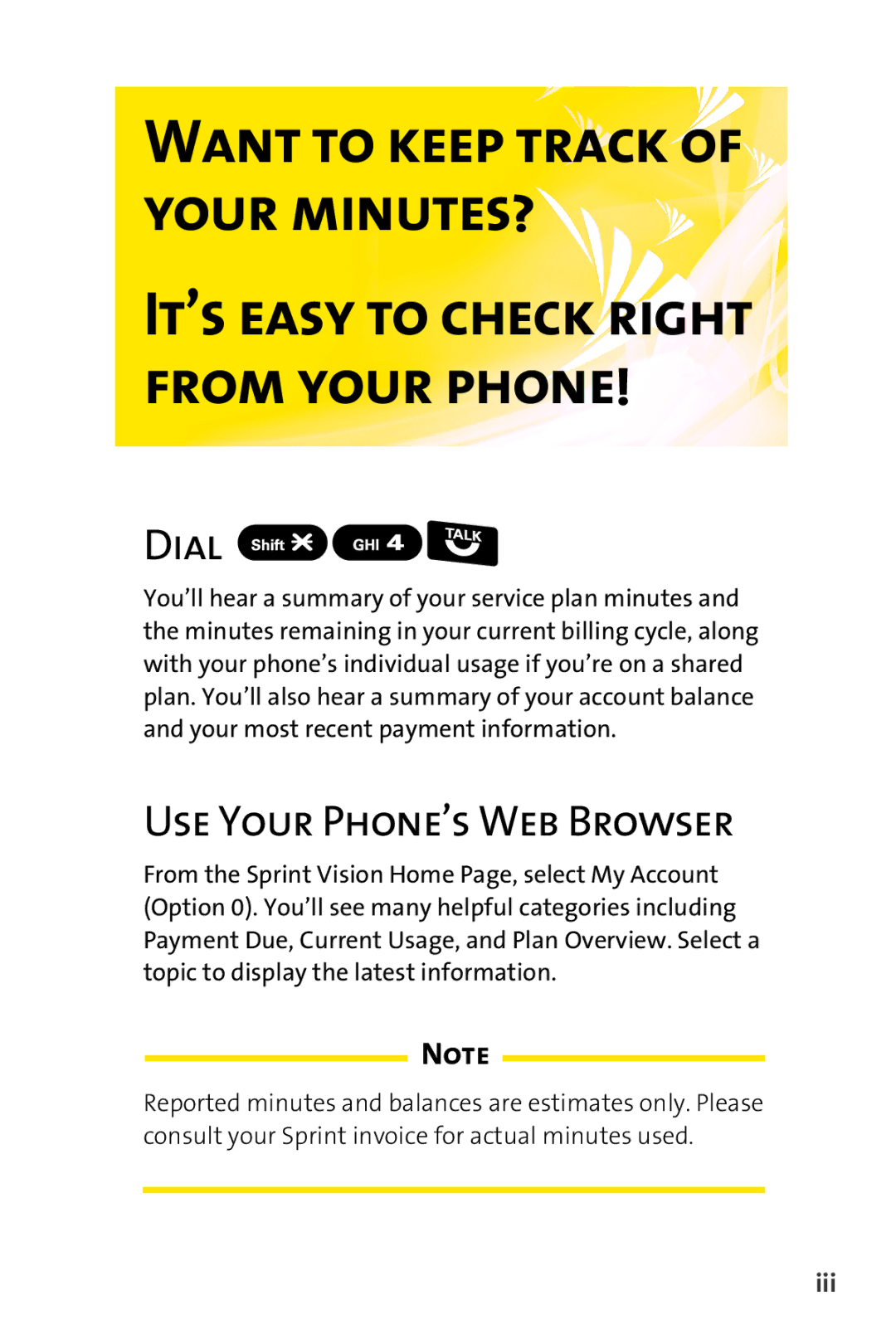 Sprint Nextel Telephone manual Want to keep track of your minutes?, Iii 