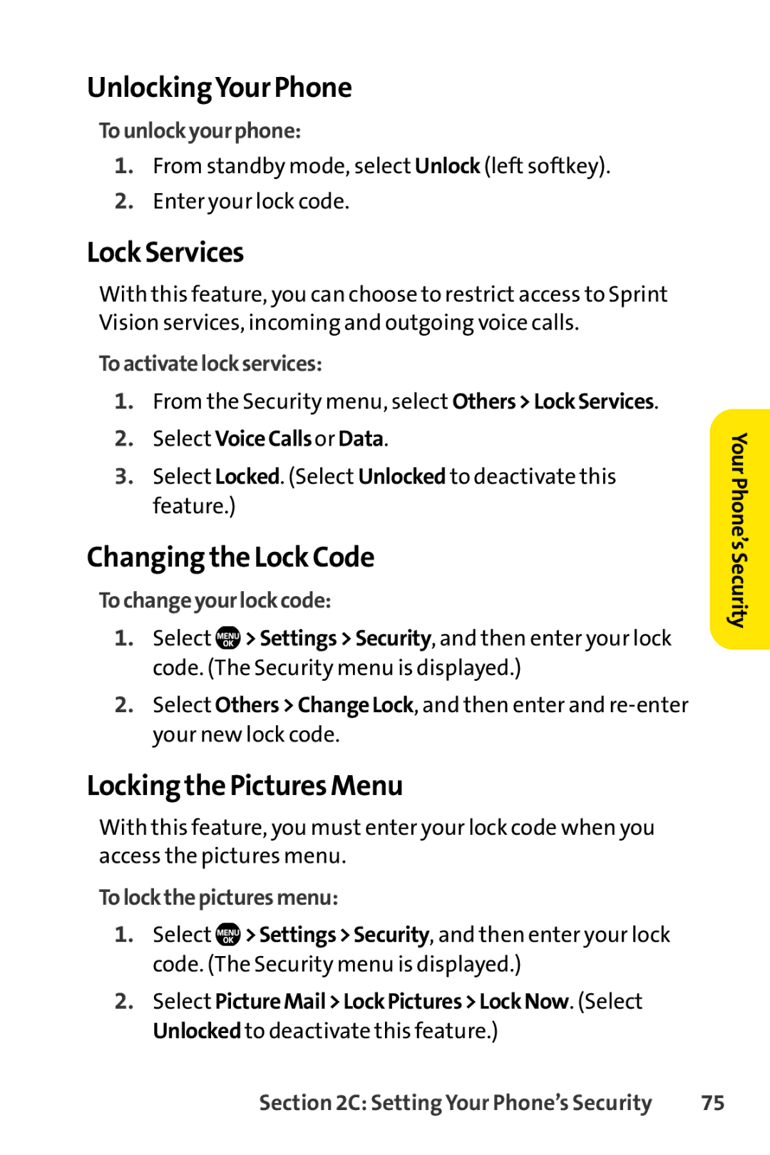 Sprint Nextel Telephone manual UnlockingYour Phone, Lock Services, Changing the Lock Code, Locking the Pictures Menu 