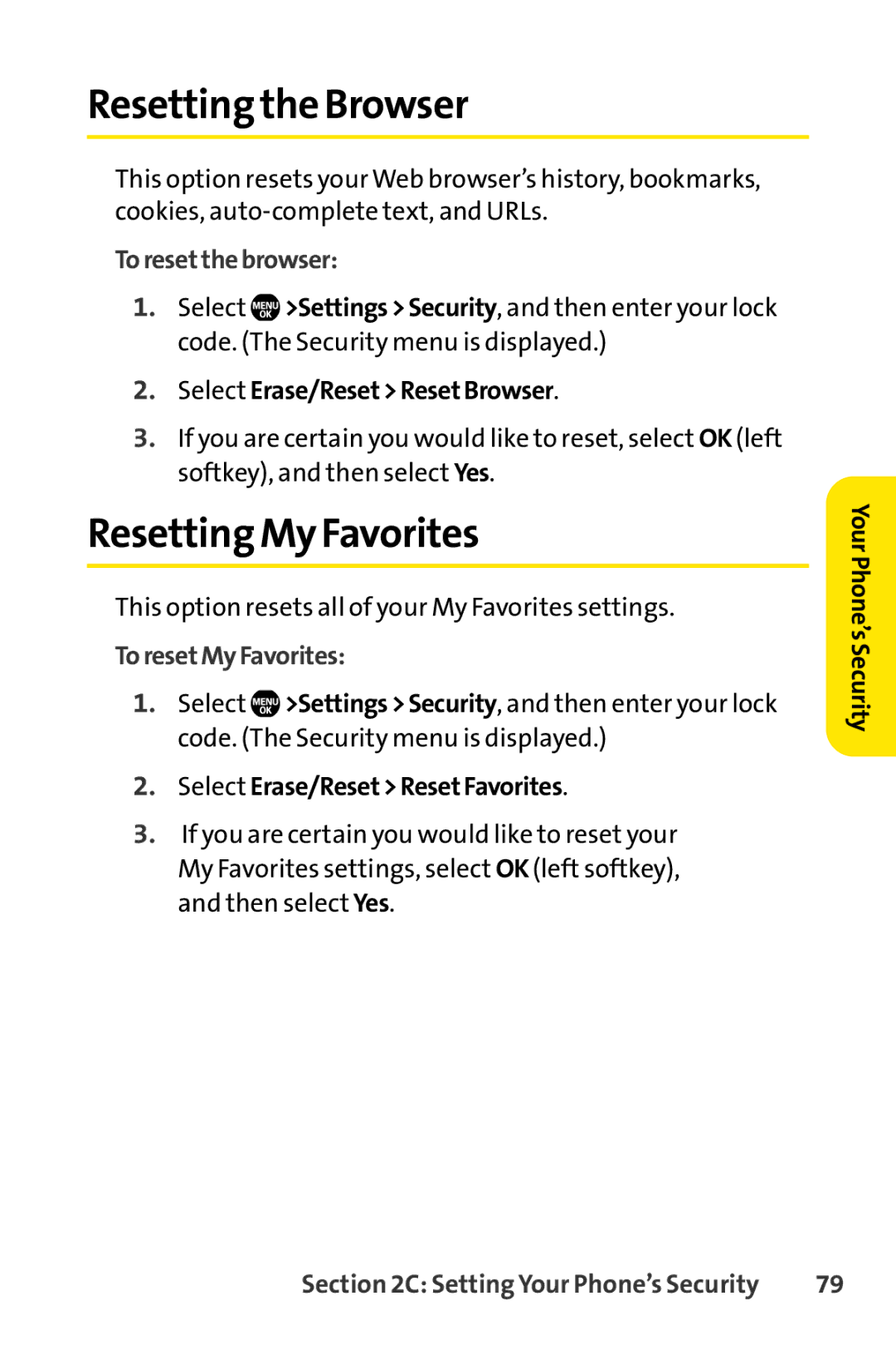 Sprint Nextel Telephone manual Resetting the Browser, Resetting My Favorites, Toresetthebrowser, ToresetMyFavorites 