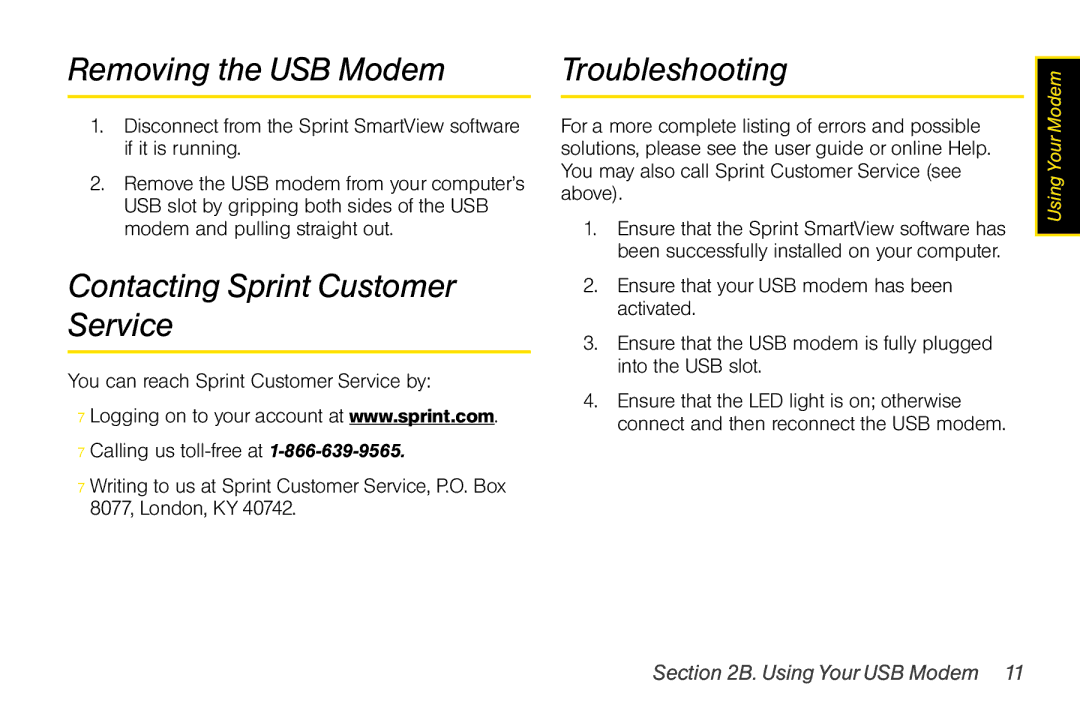 Sprint Nextel U300 manual Removing the USB Modem Troubleshooting, Contacting Sprint Customer Service 