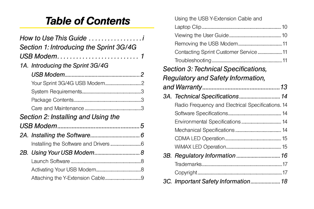 Sprint Nextel U300 manual Table of Contents 