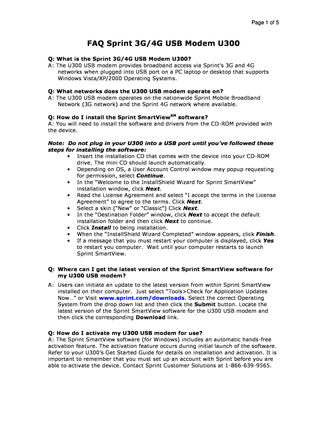 Sprint Nextel manual Page 1 of, FAQ Sprint 3G/4G USB Modem U300 