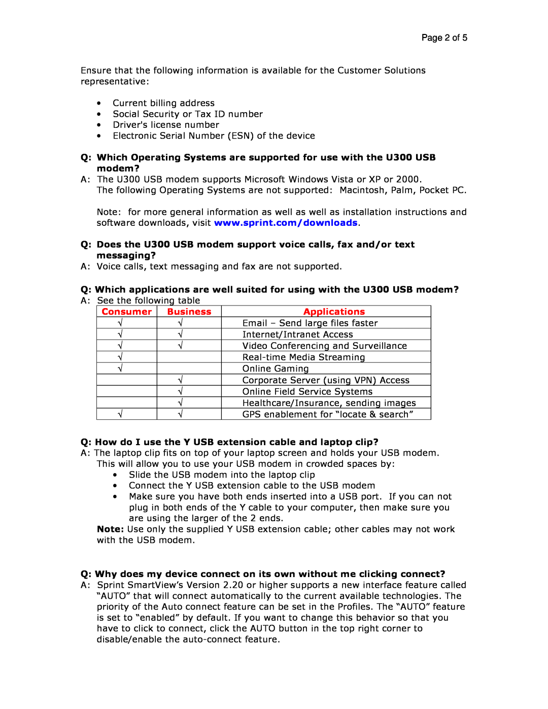 Sprint Nextel U300 manual Page 2 of, Consumer, Business, Applications 