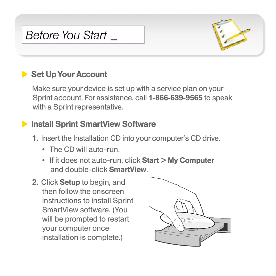 Sprint Nextel U301 manual Before You Start, Set Up Your Account, Install Sprint SmartView Software 