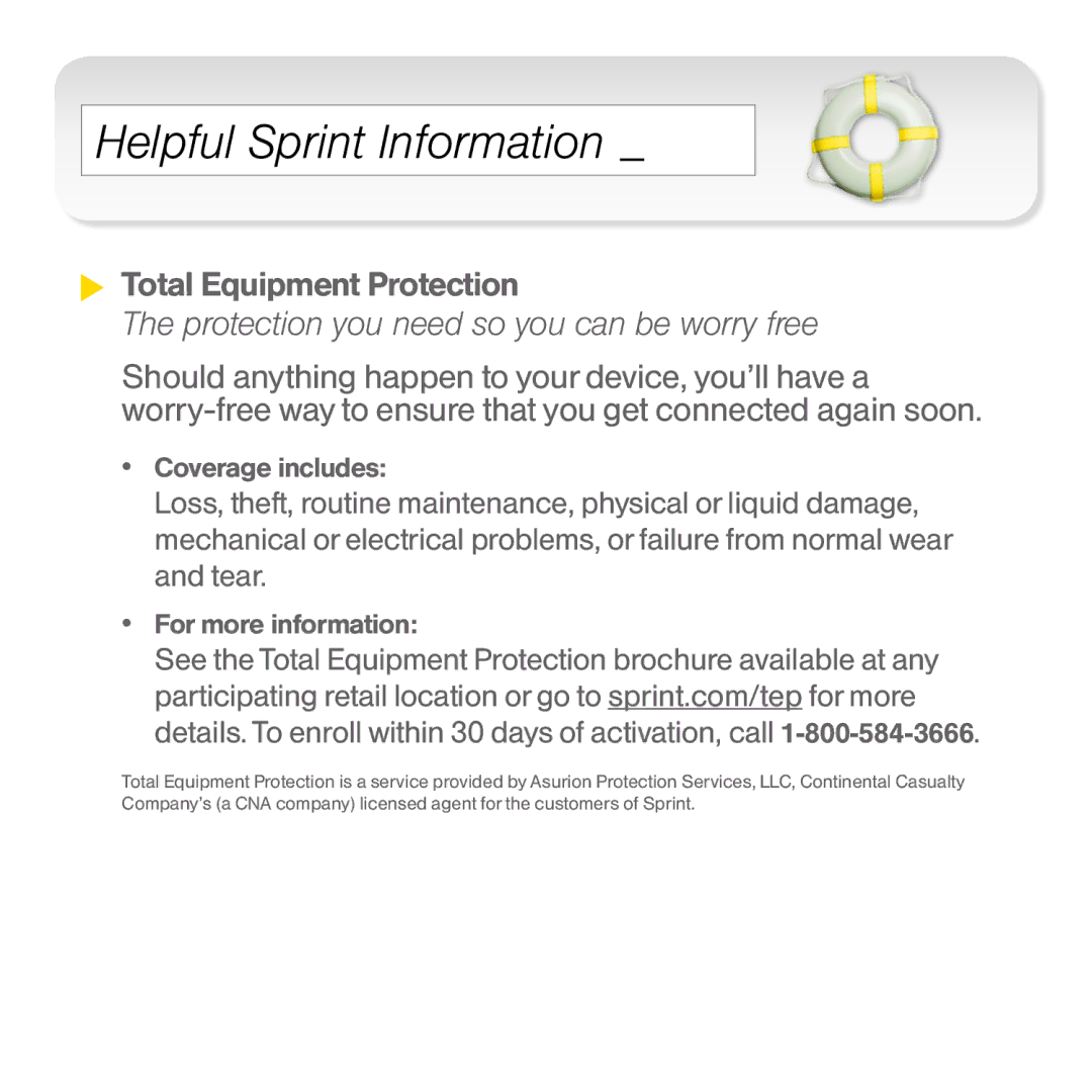 Sprint Nextel U301 manual Helpful Sprint Information, Total Equipment Protection 