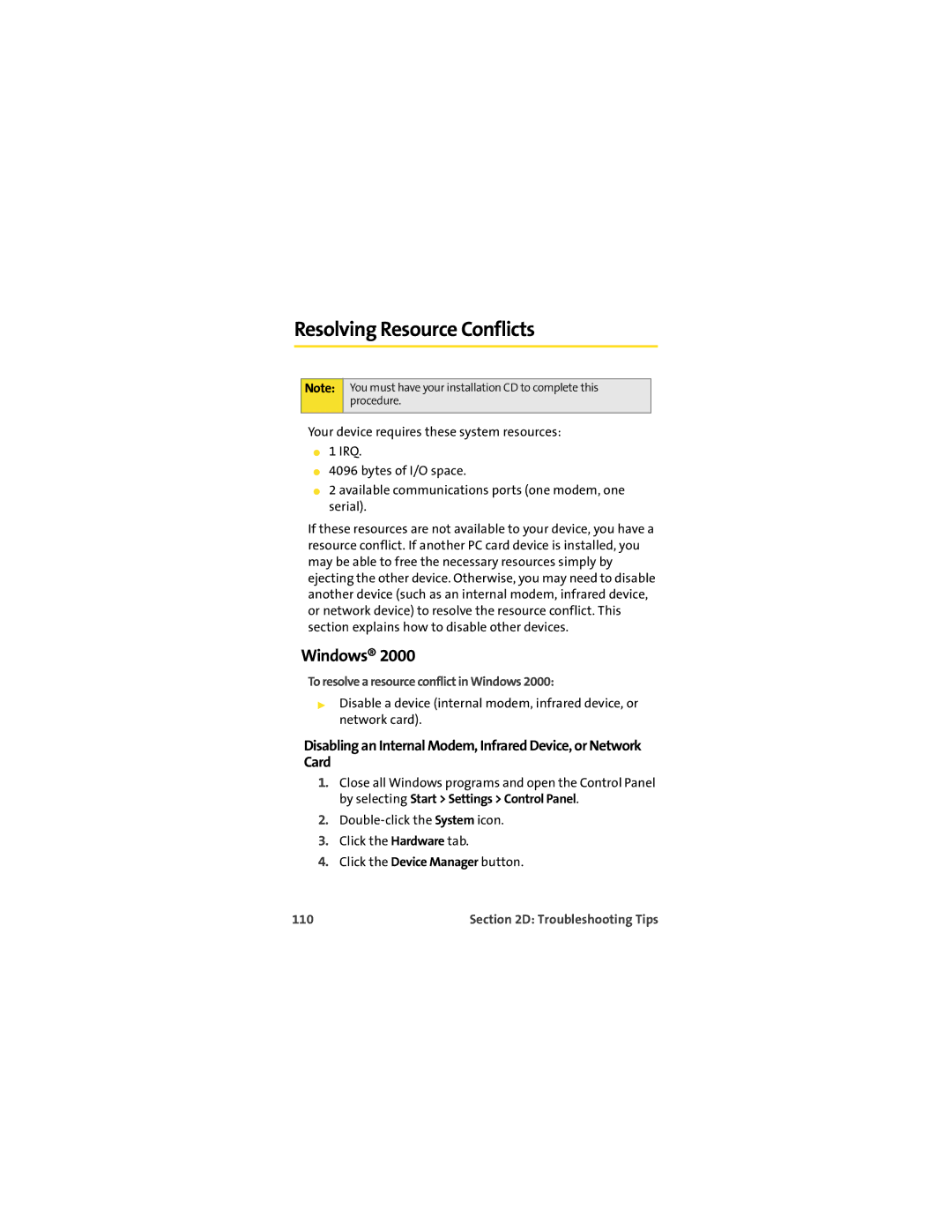 Sprint Nextel U727 manual Resolving Resource Conflicts, To resolve a resource conflict in Windows, 110 