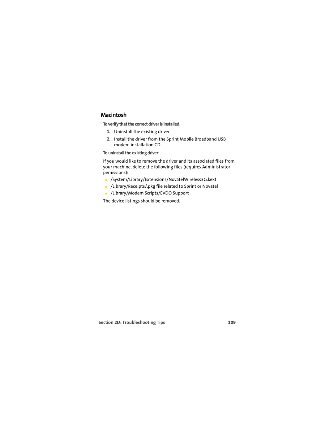 Sprint Nextel U727 manual Macintosh, Troubleshooting Tips 109 
