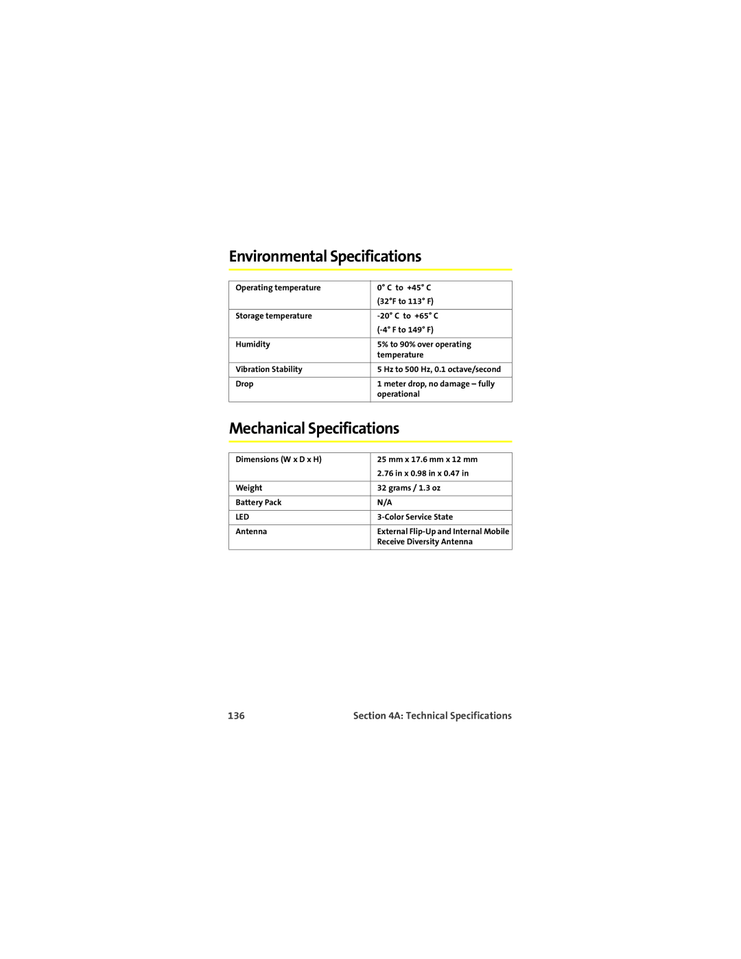 Sprint Nextel U727 manual Environmental Specifications, Mechanical Specifications, 136 