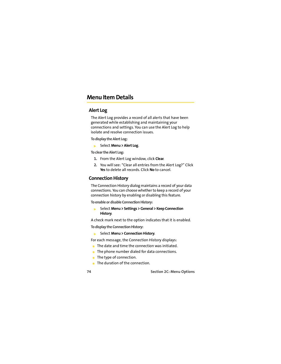 Sprint Nextel U727 manual Menu Item Details, Alert Log, Connection History 
