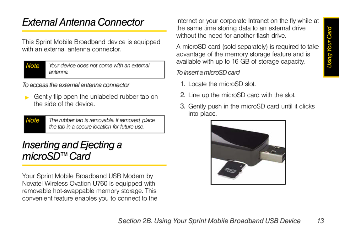 Sprint Nextel U760 manual External Antenna Connector, Inserting and Ejecting a microSD Card, To insert a microSD card 