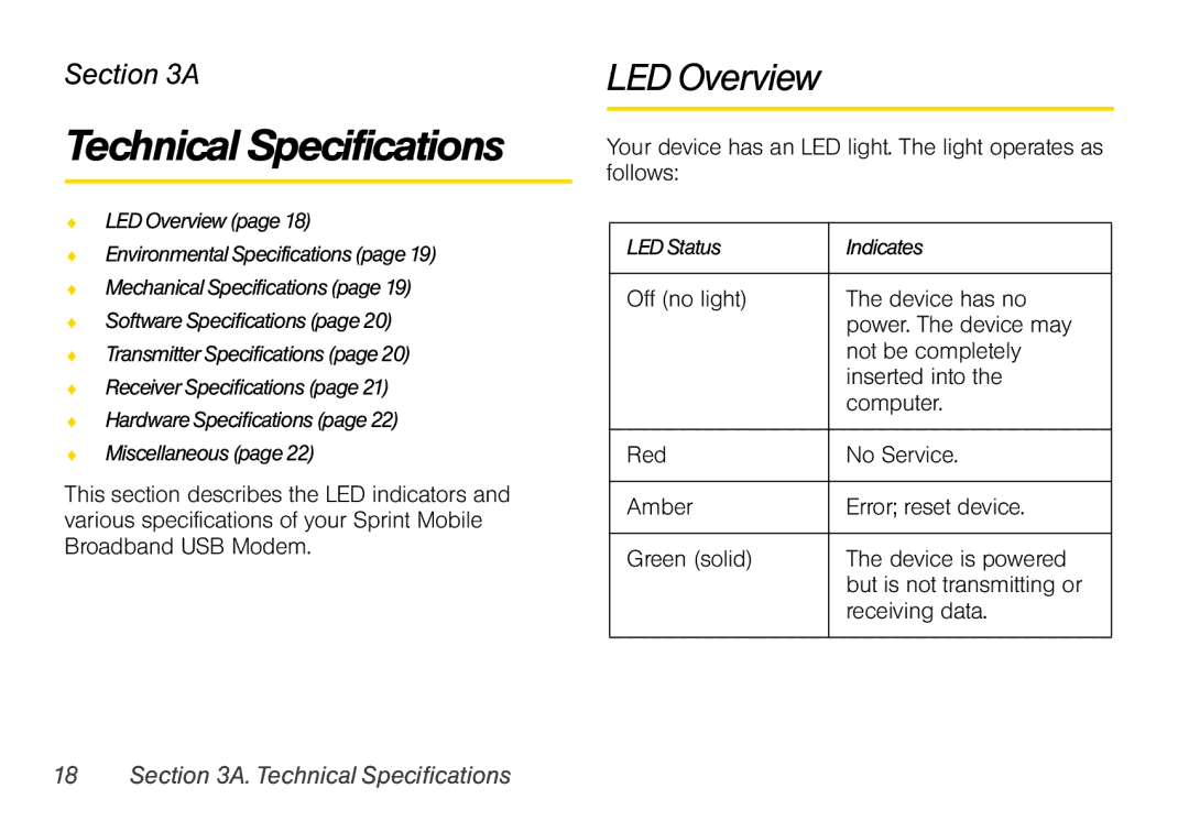 Sprint Nextel U760 manual Technical Specifications, LED Overview 