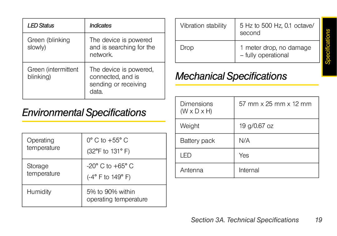 Sprint Nextel U760 manual Environmental Specifications, Mechanical Specifications 