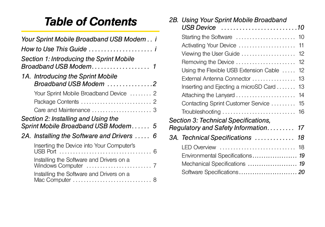 Sprint Nextel U760 manual Table of Contents 