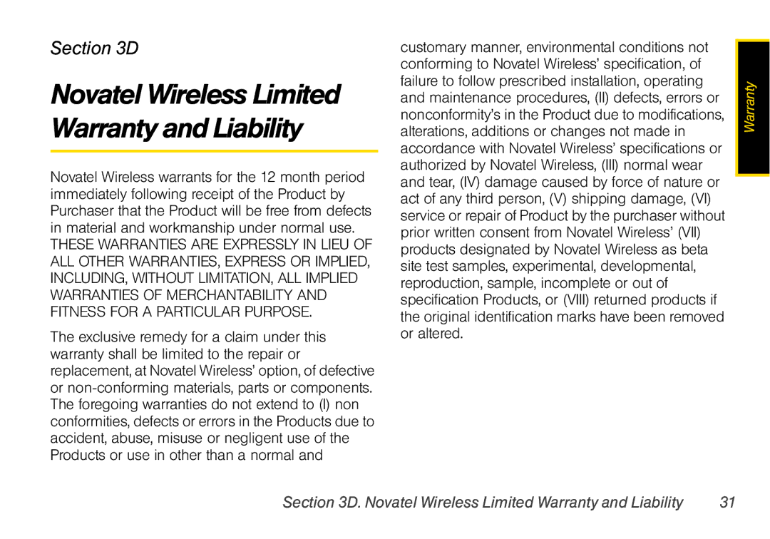 Sprint Nextel U760 manual Novatel Wireless Limited Warranty andLiability, Novatel Wireless Limited Warranty and Liability 