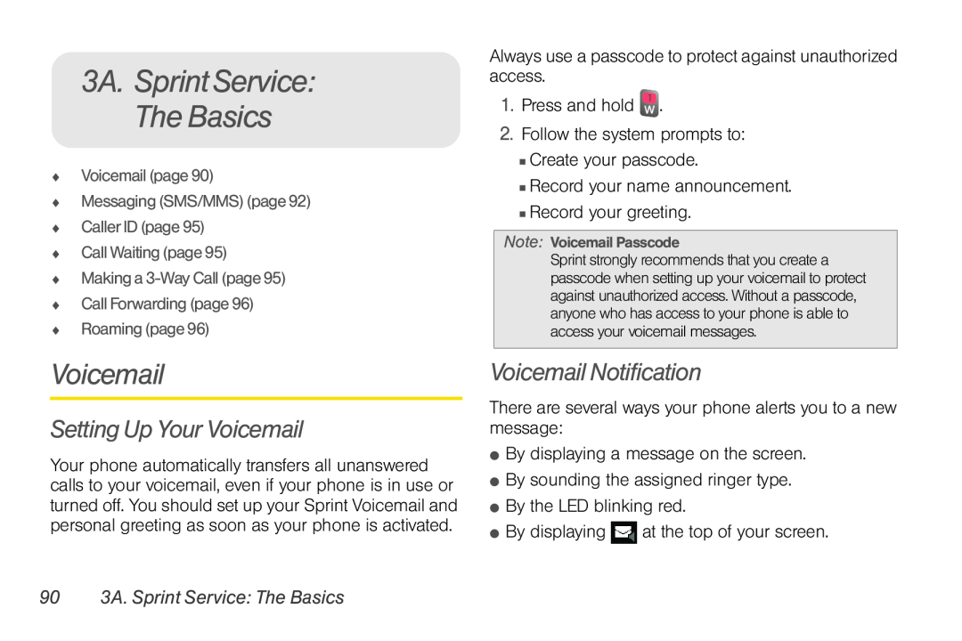 Sprint Nextel UG_9a_070709 manual 3A. SprintService The Basics, Setting Up Your Voicemail, Voicemail Notification 