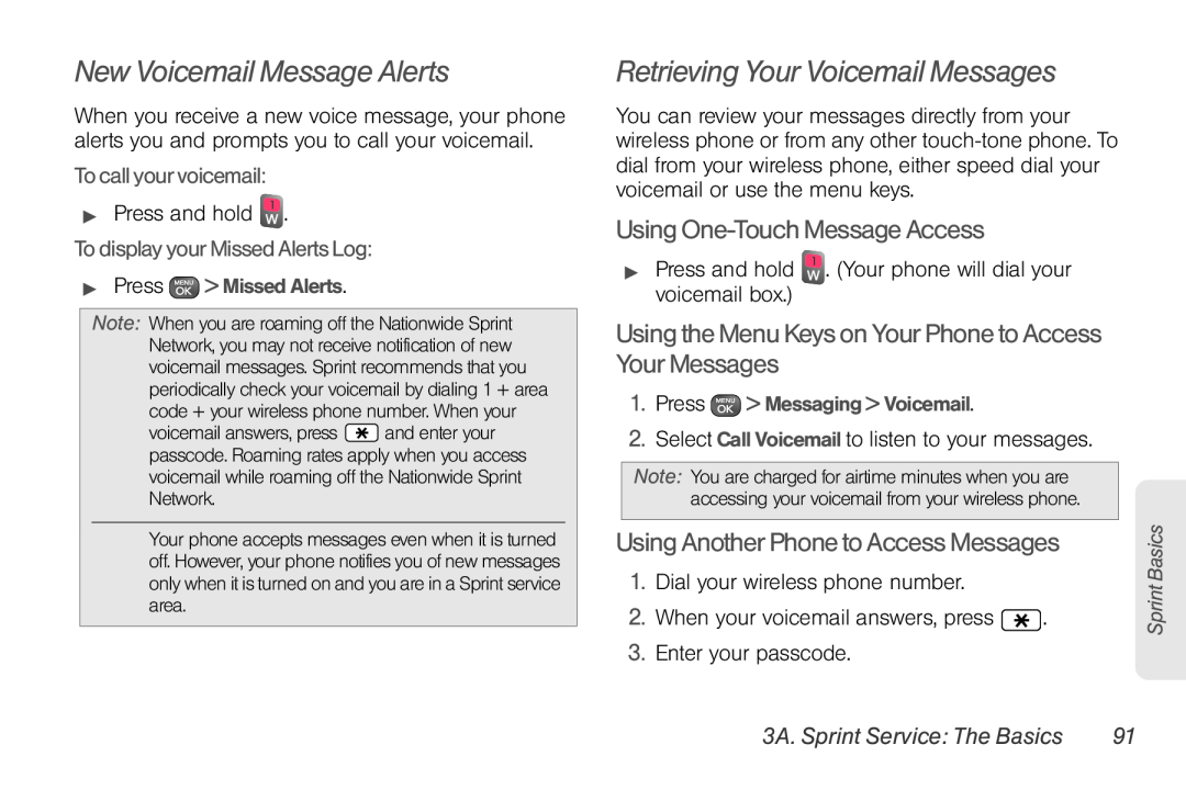Sprint Nextel UG_9a_070709 manual New Voicemail Message Alerts, Retrieving Your Voicemail Messages, To call your voicemail 