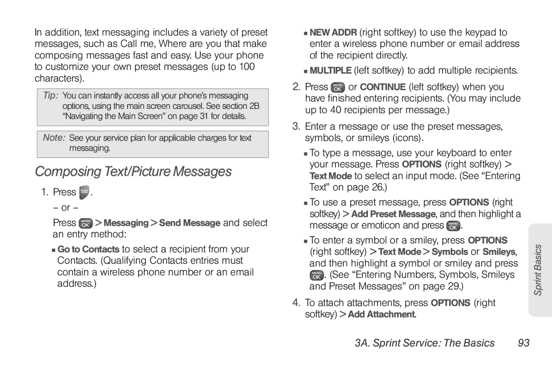 Sprint Nextel UG_9a_070709 manual Composing Text/Picture Messages, 3A. Sprint Service The Basics 