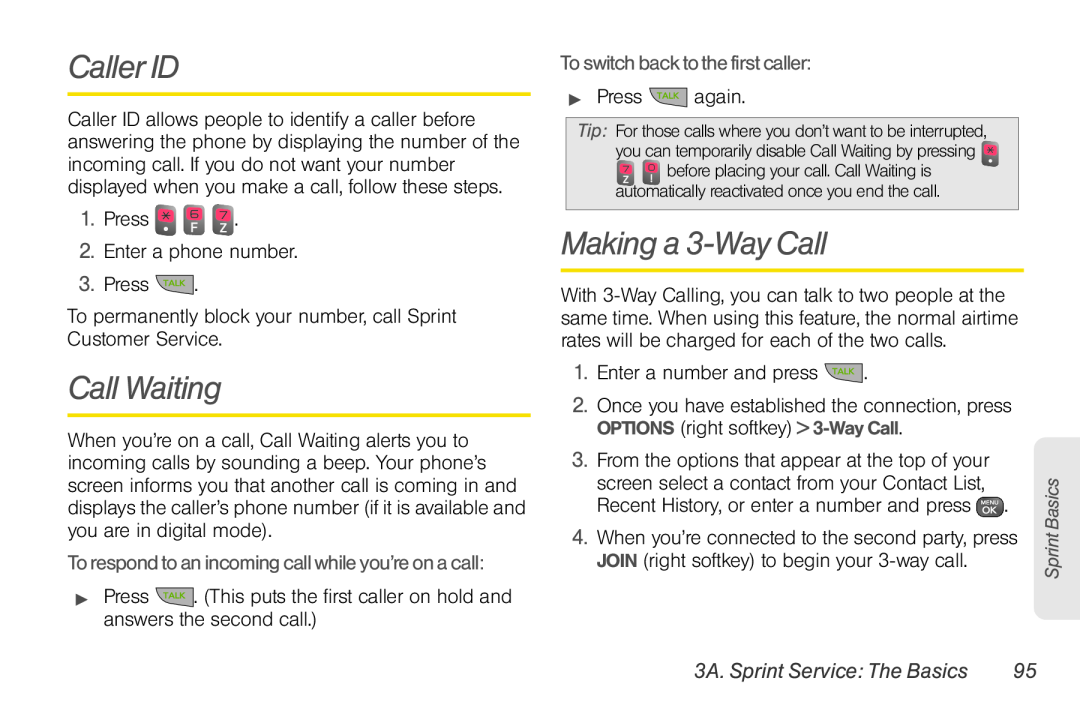 Sprint Nextel UG_9a_070709 manual Caller ID, Call Waiting, Making a 3-Way Call, To switch back to the first caller 