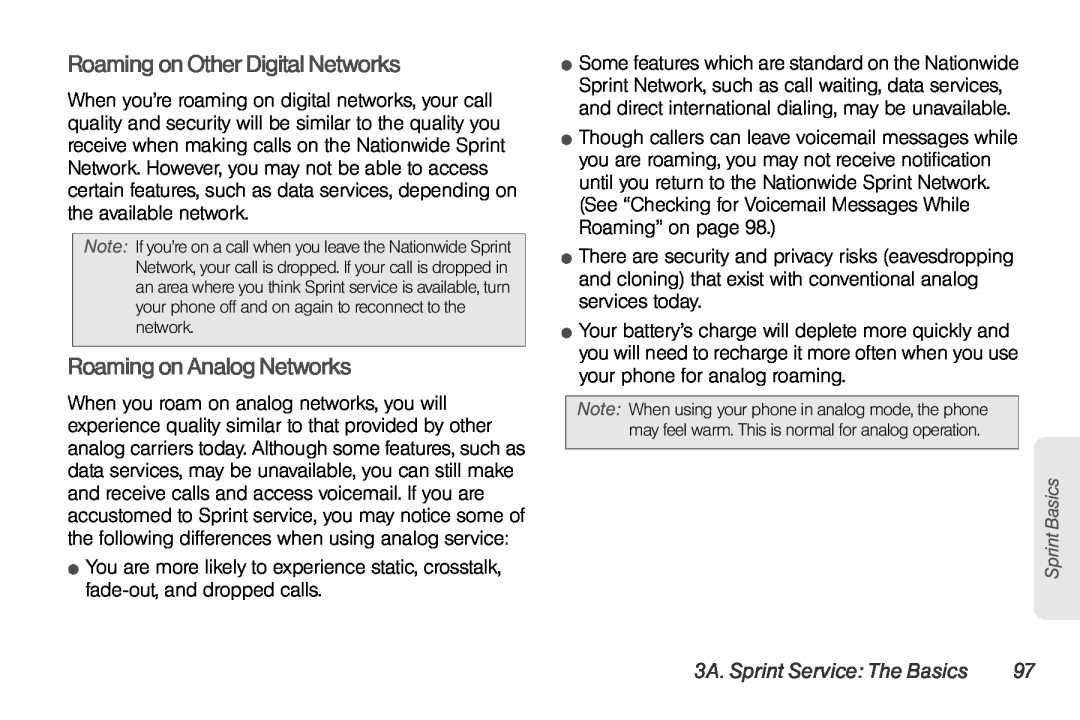 Sprint Nextel UG_9a_070709 Roaming on Other Digital Networks, Roaming on Analog Networks, 3A. Sprint Service The Basics 