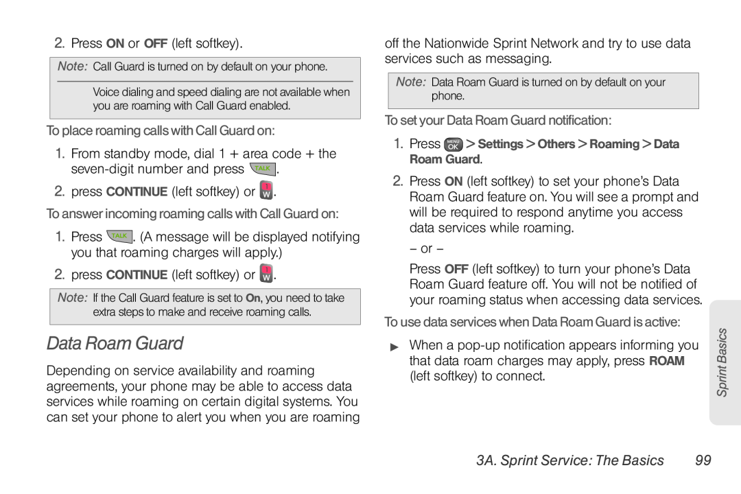 Sprint Nextel UG_9a_070709 manual Data Roam Guard, To place roaming calls with Call Guard on, 3A. Sprint Service The Basics 