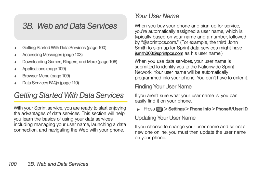 Sprint Nextel UG_9a_070709 manual 3B. Web and Data Services, Getting Started With Data Services, Your User Name 