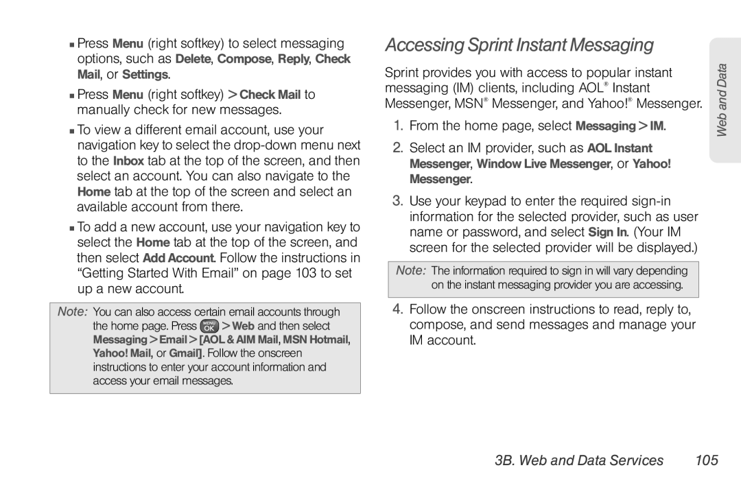 Sprint Nextel UG_9a_070709 manual Accessing Sprint Instant Messaging, 3B. Web and Data Services 